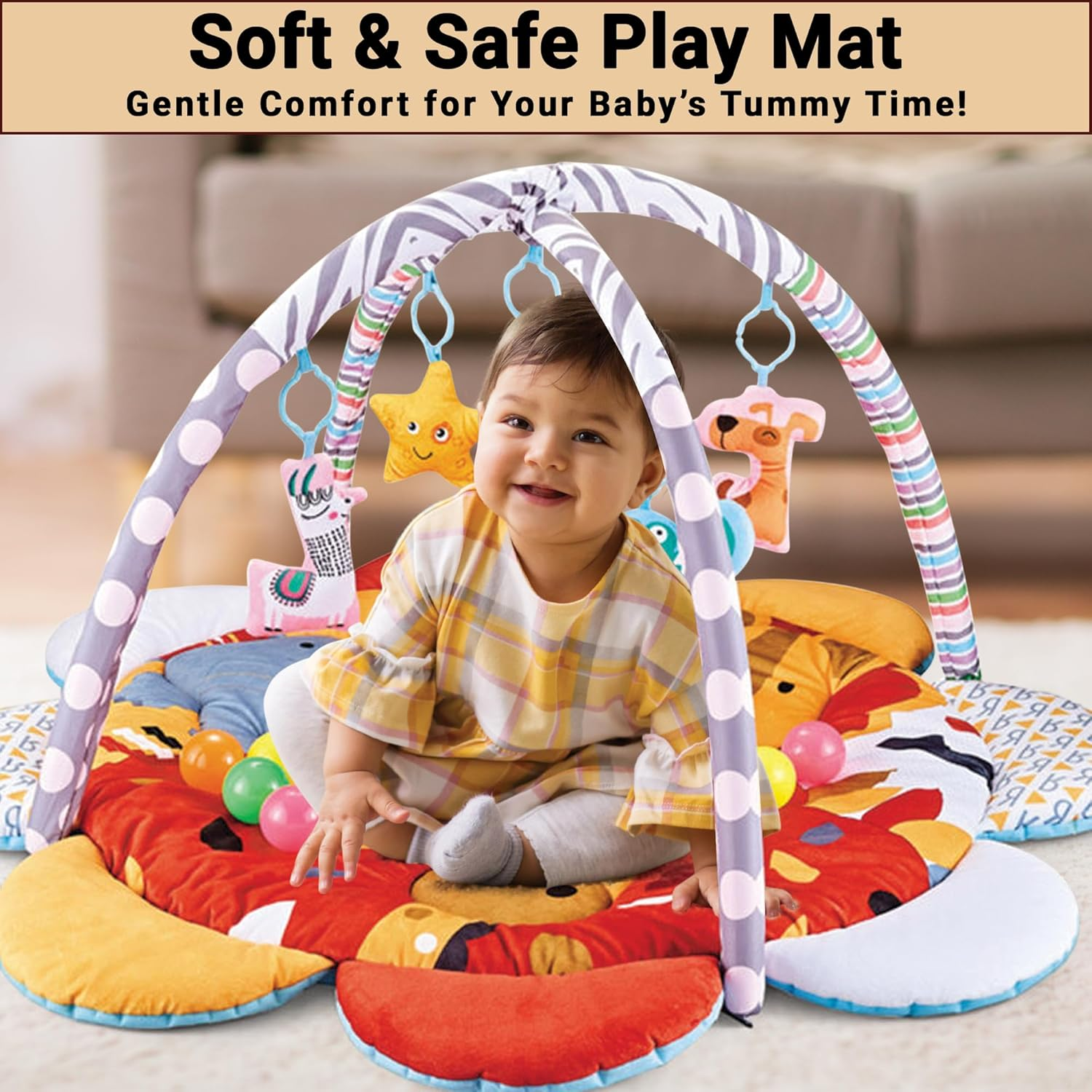 Baby(Giraffe) Play Mat with 20 Ocean Balls Soft Padded Activity Gym for Tummy Time| Colorful Animal Theme &ndash; for Infants and Toddlers image number 2