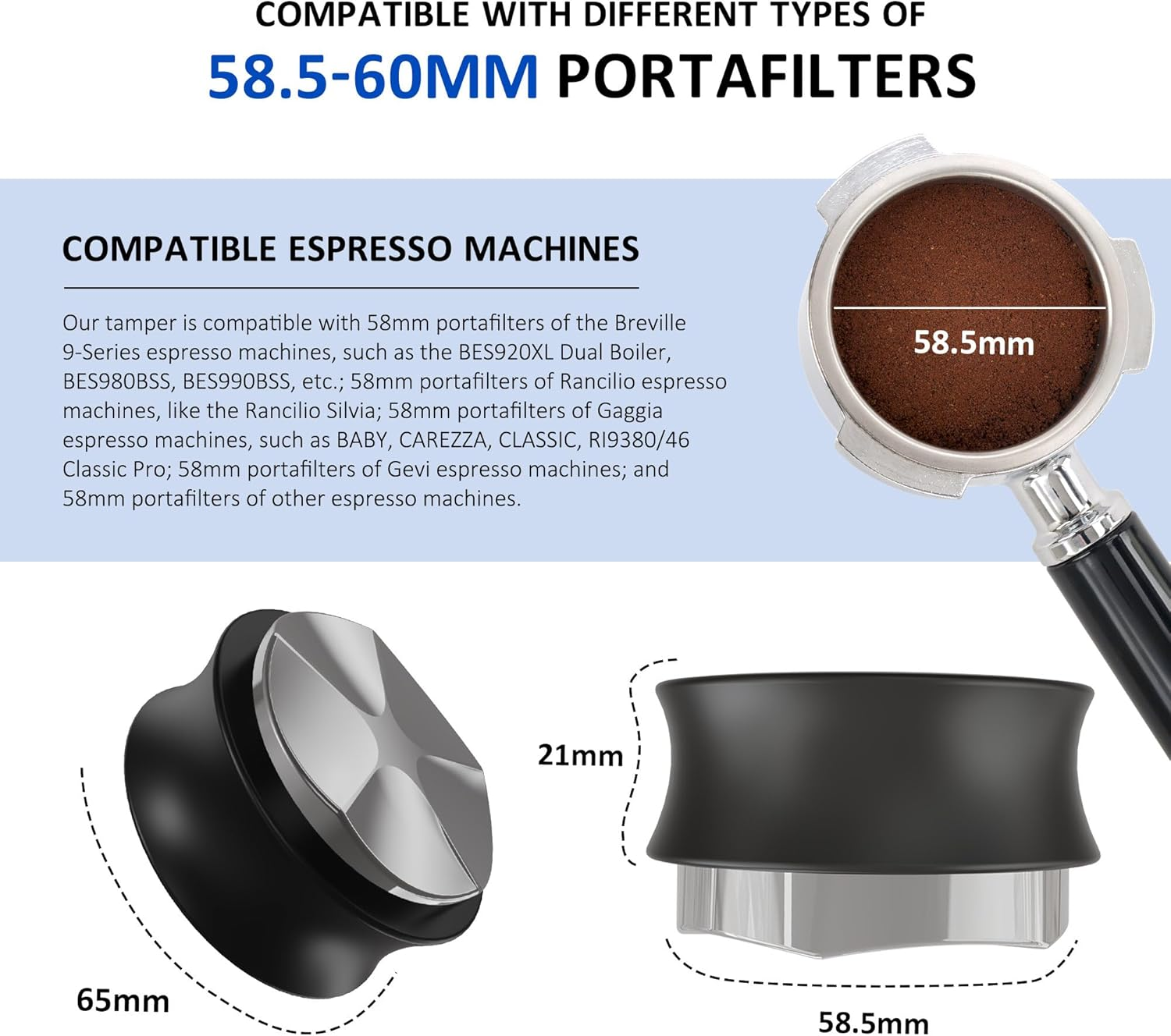 KYONANO 58.5Mm Coffee Distributor, Coffee Gravity Distribution Tool, Espresso Adaptive Distributor and Leveler Tool Compatible with 58Mm Bottomless Portafilter, 304 Stainless Steel 5 Blade Base