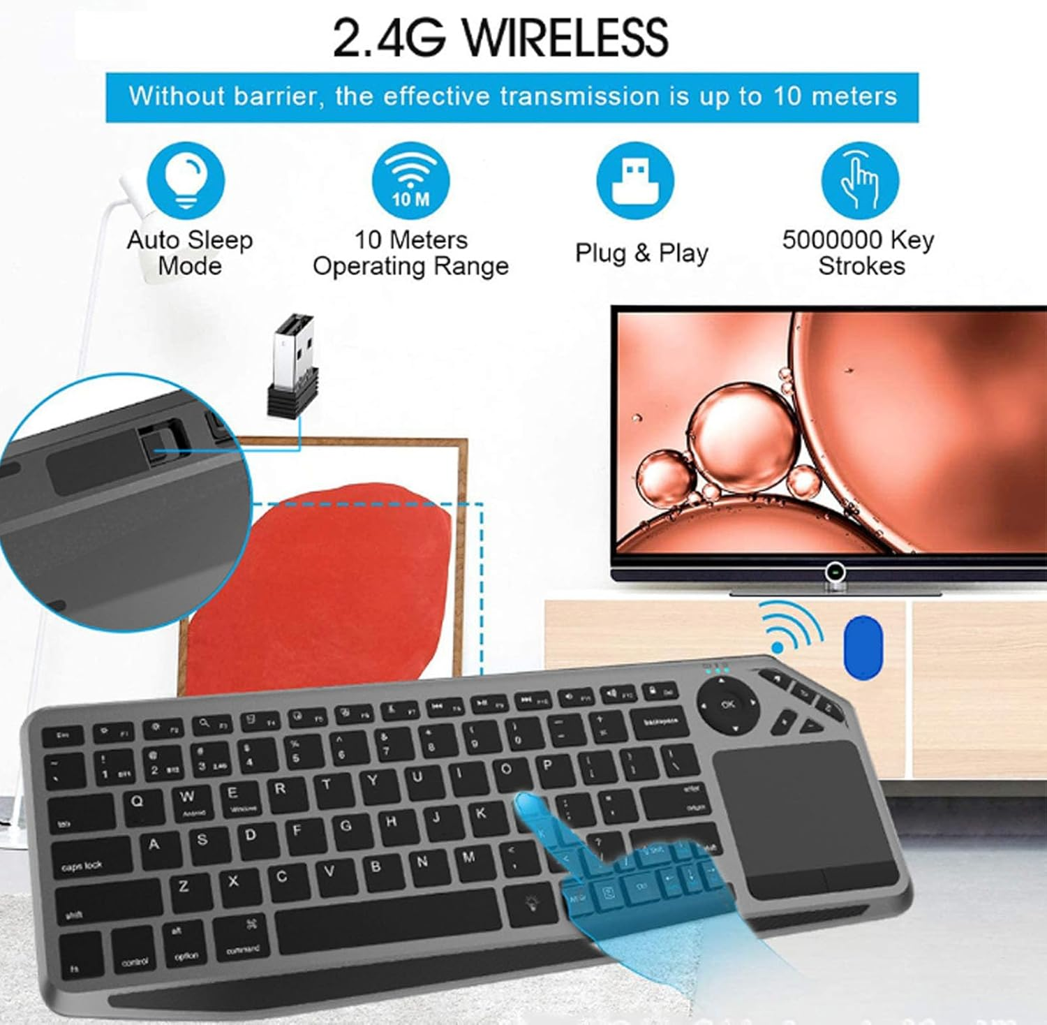 Wireless Touch TV Keyboard, 7-Colors Backlit Bluetooth Keyboard with Easy Media Control and Built-In Touchpad, Connect 3 Devices Simultaneously, for PC, TV, Android & Wins image number 2