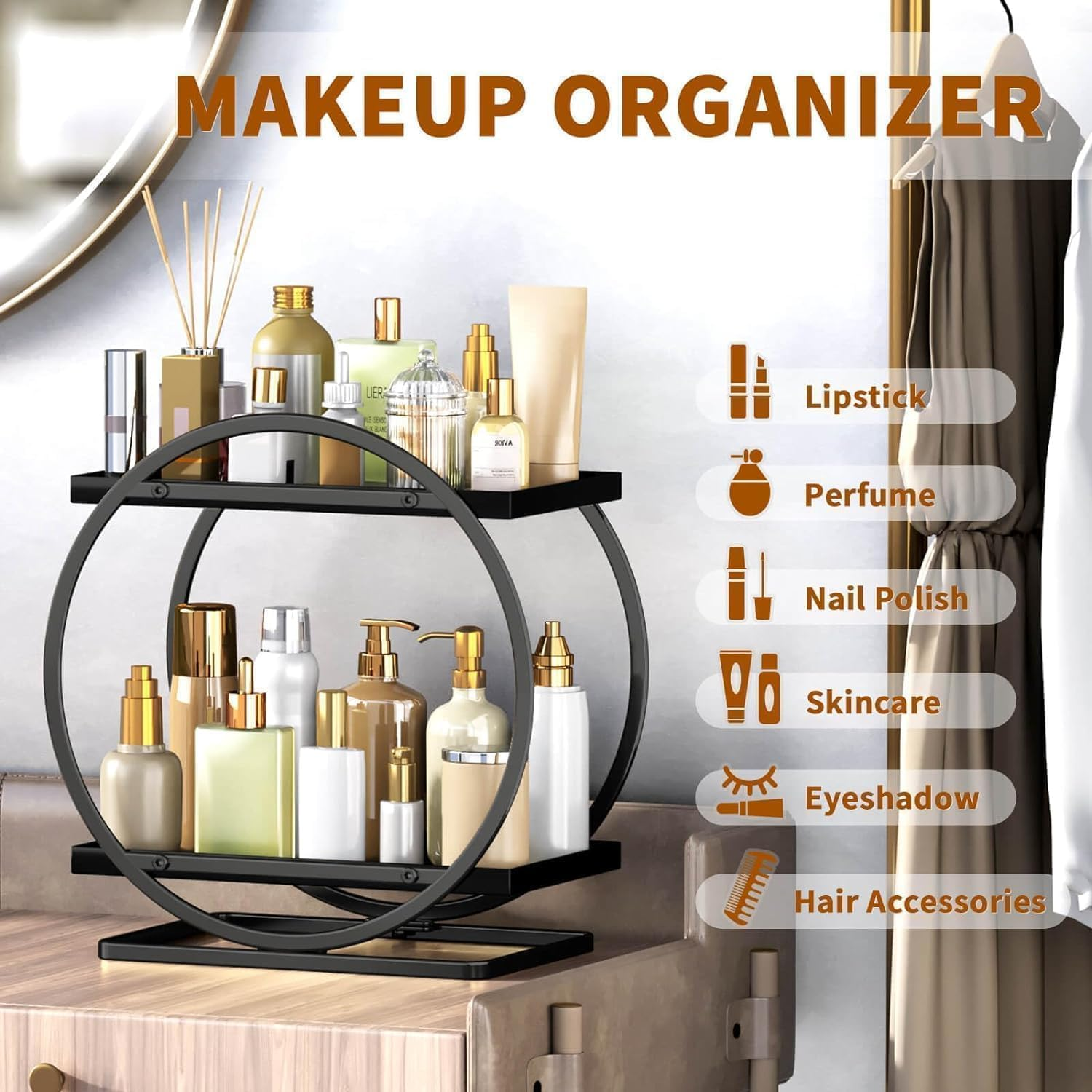 METOY Makeup Organizer and Storage, Black Perfume Organizer for Bathroom Organizer Vanity Skincare Organizers, 2 Tier Cosmetic Display Tray for Bathroom Counter Organizer, Make up Storage (Black) - Black image number 6