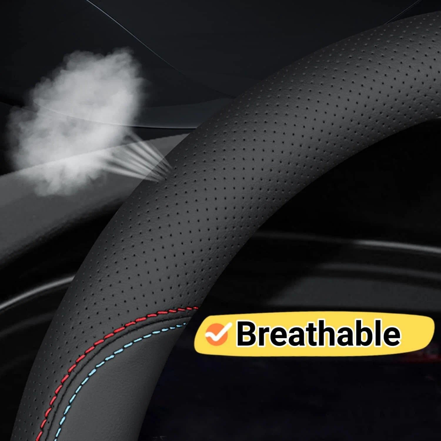 Leather Steering Wheel Cover for Cars, Anti-Slip Grip, Ultra-Thin Design, Universal Fit 14.5 to 15 Inches with Easy Installation - Unron image number 2