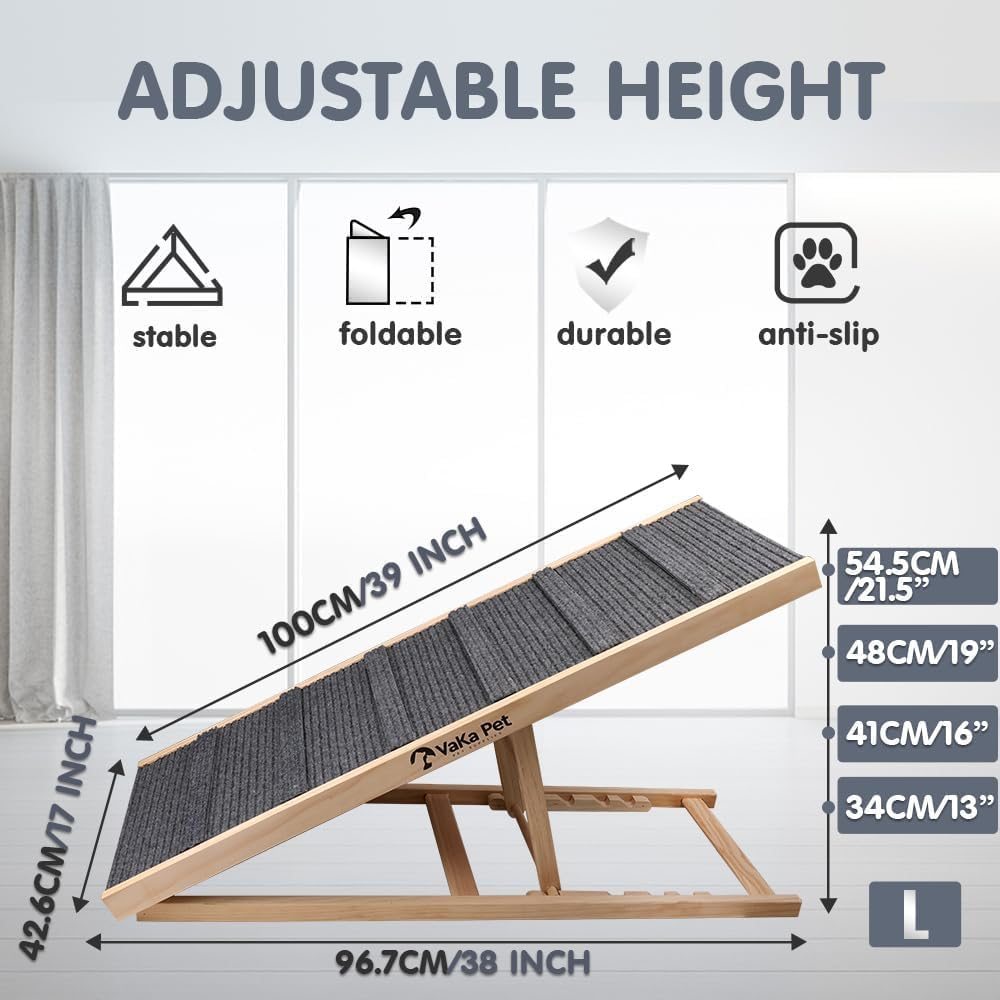 Folding Dog Ramp 4 Levels Adjustable Wooden Portable Cats Ramp with Non Slip Carpet Surface for Bed Car Couch SUV (XL) image number 3