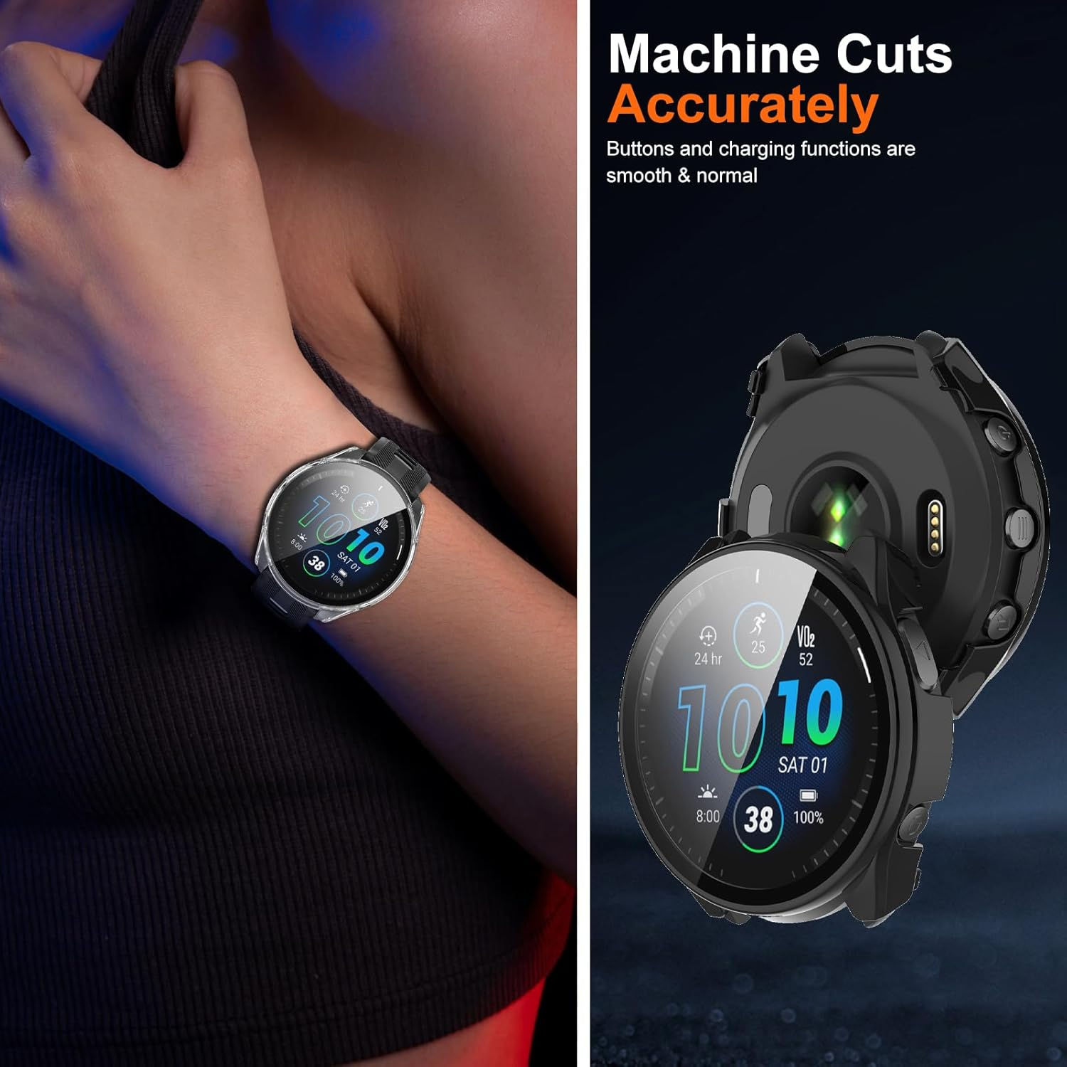 Vanrain Case for Garmin Forerunner 965, Pack of 2, 360&deg; All-Round PC Case with Protective Glass Bumper Full Cover Protective Case Black + Transparent image number 4