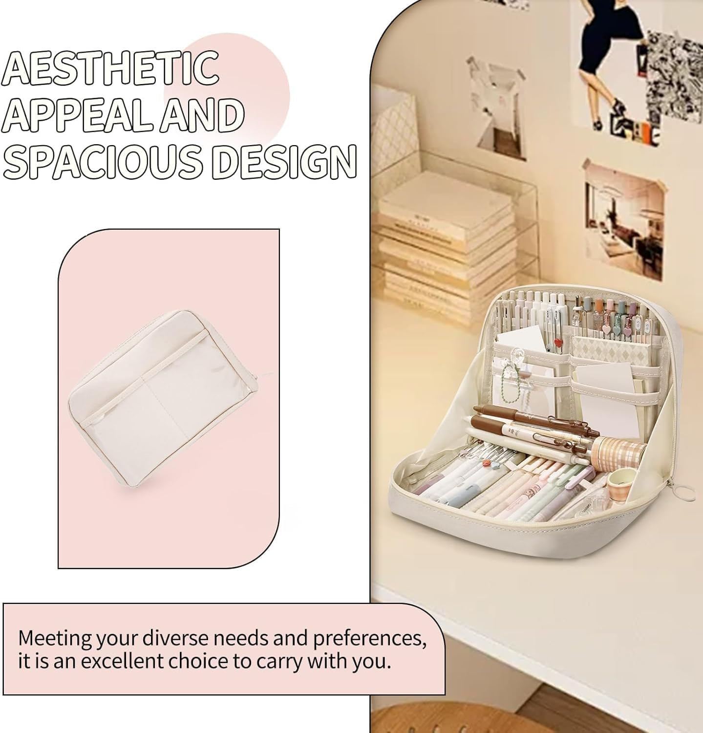 Limcryspp 1 Piece Large Capacity Pencil Case, Large Pencil Case, College Pencil Case, School Pencil Case, Pencil Case with Lattice (White) - Pink image number 5