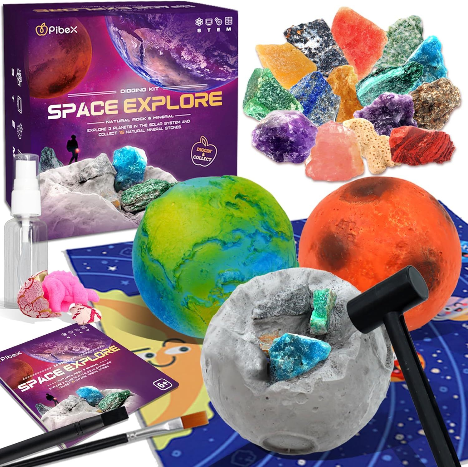 Gemstone Dig Kit, Dig up 15 Rocks & Minerals from Earth Moon Mars, Solar System Planets Geology Science Set, Space Rock Mining Toys for Kids, STEM Toy for Boys & Girls Age 6-8-12 image number 2