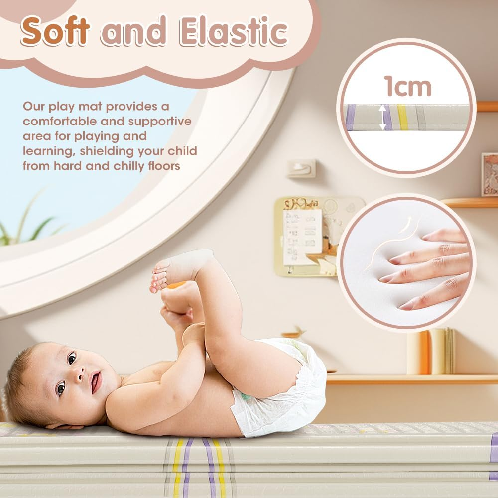 Playpals 200&times;180CM Foldable Baby Play Mat, Double-Sided Waterproof Playmat for Babies, Toddlers & Infants, Reversible Baby Mat with Travel Bag, Indoor and Outdoor Use, Rainbow+Tall Buildings - Rainbow Stripes image number 5