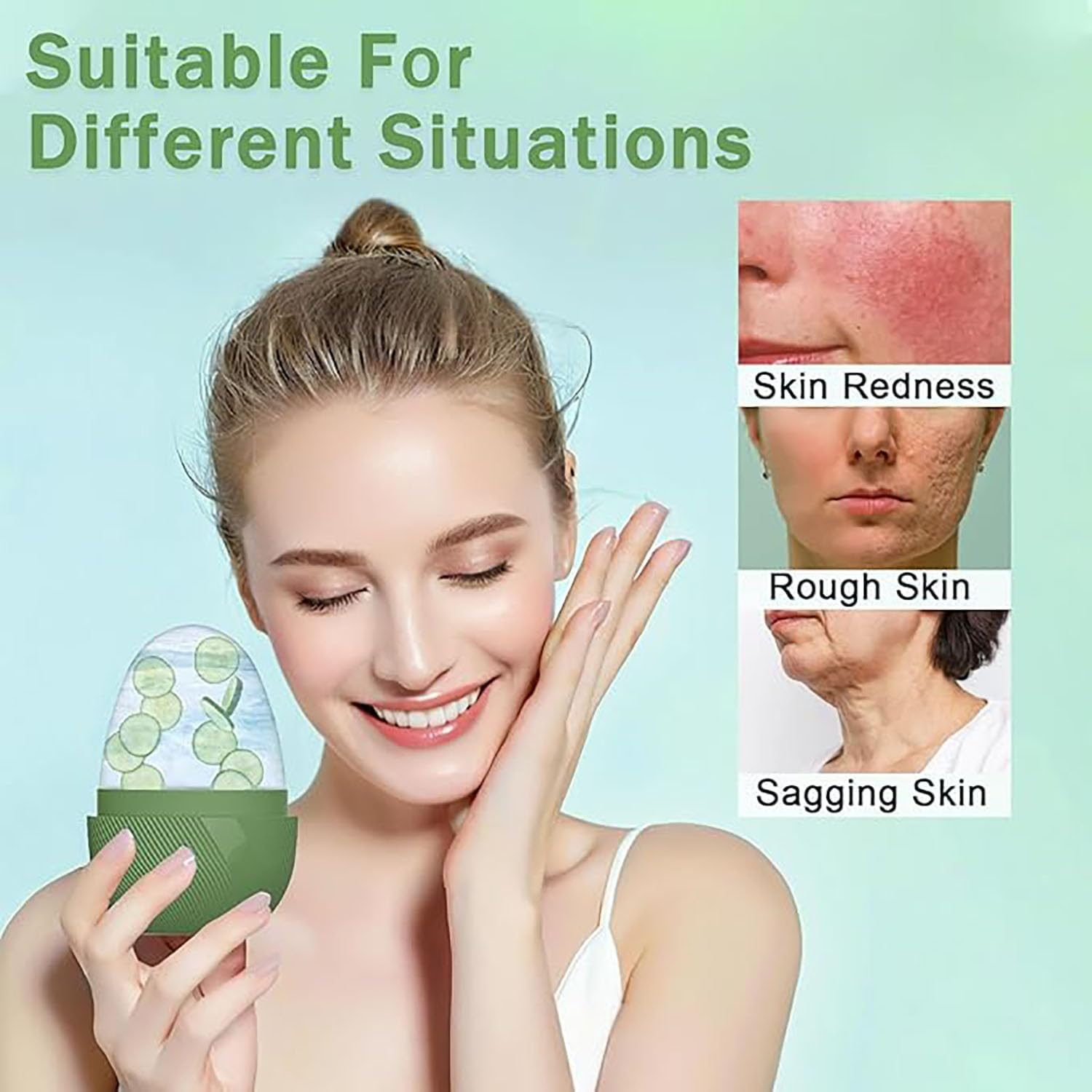 EOMECUIGAO Ice Cube Roller Massager Silicone Ice Roller Massage Lift Firm & Brighten Face (Green) - Pink image number 5