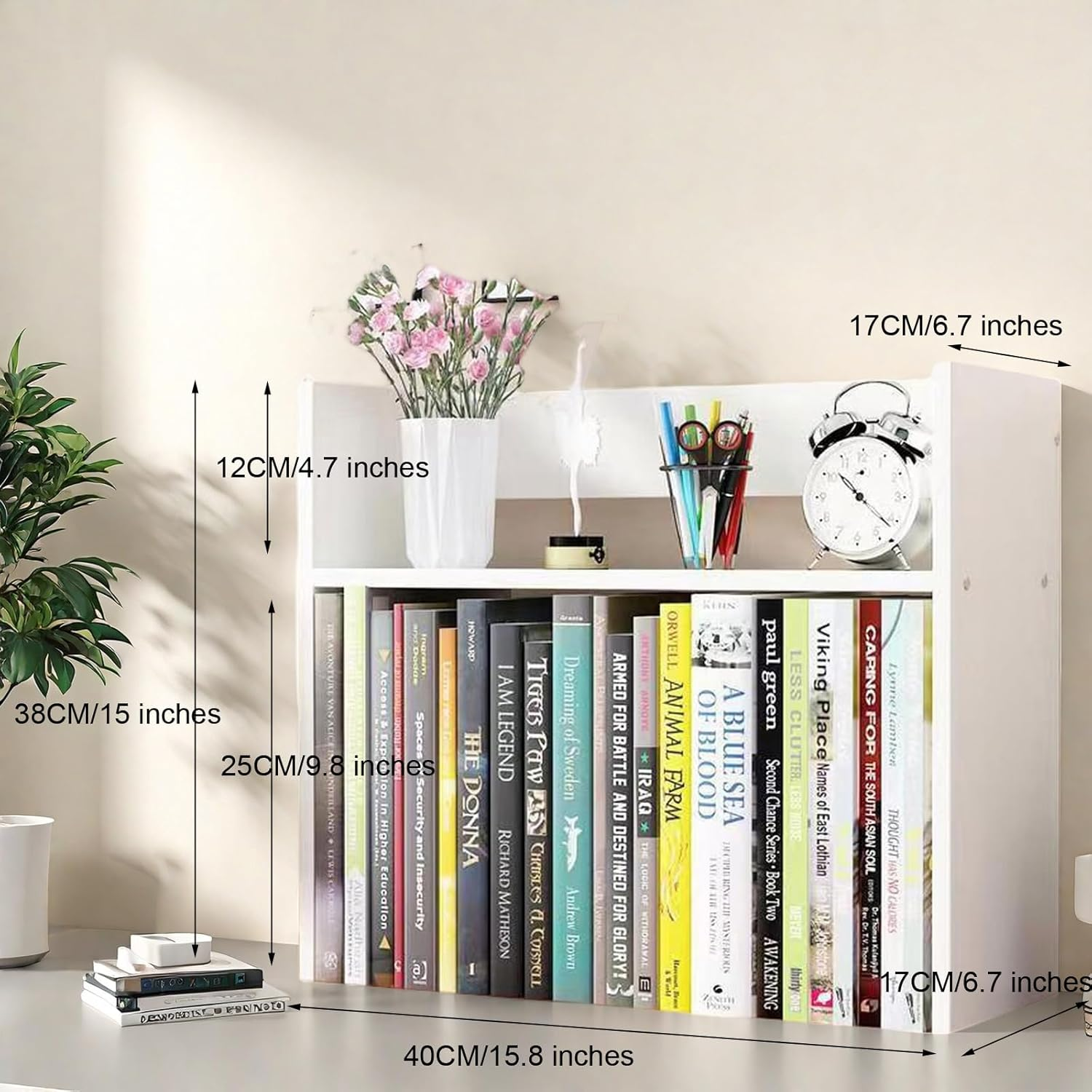 Desktop Wooden Bookshelf Organiser with Top Storage Shelf, 2-Tier Design Bookcase A205 (Black)