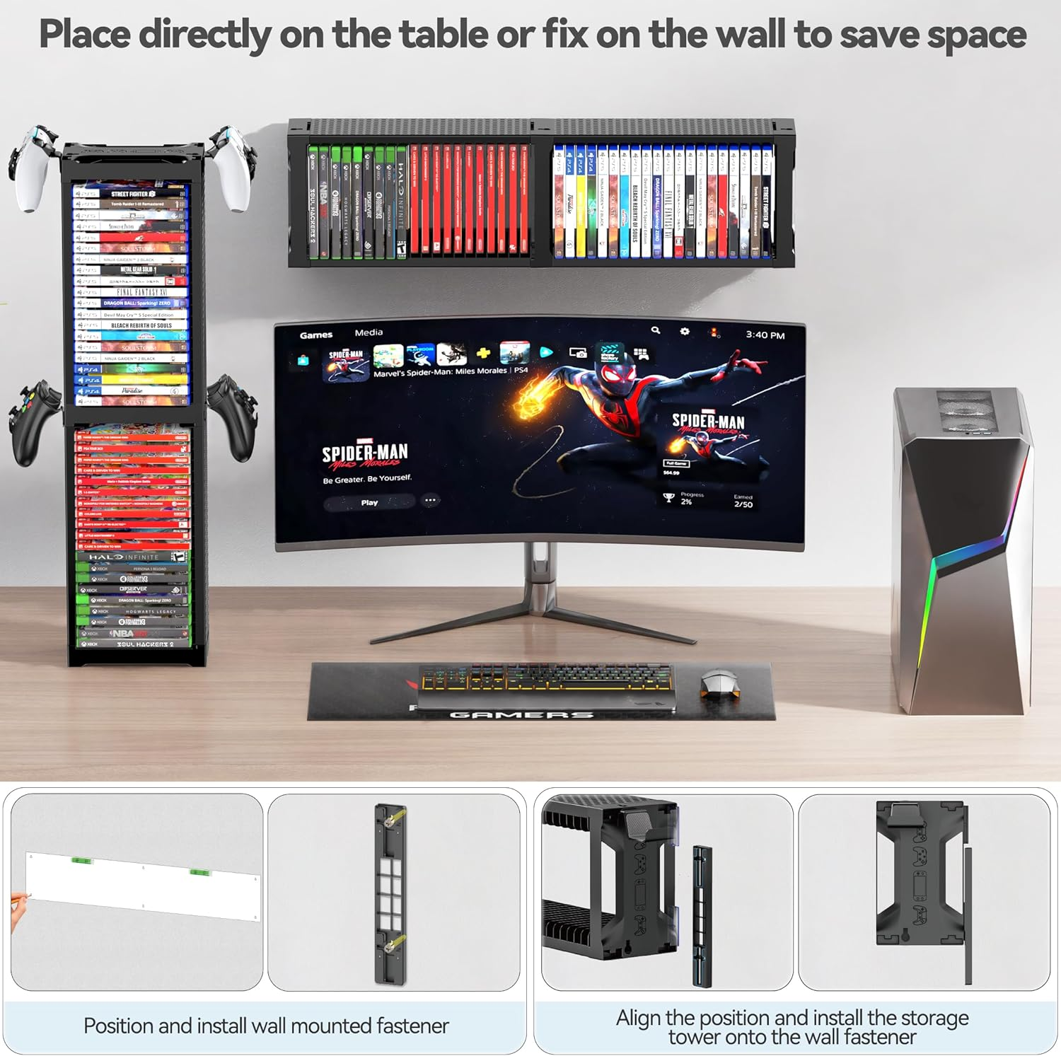 Kytok Video Game Storage Stand Tower with Controller Holder, Wall Mount Game Disc Case Organizer Compatible with PS5 PS4 Nintendo Switch Xbox Series/One, Vertical & Horizontal Stand for 40 Gaming Disc image number 3