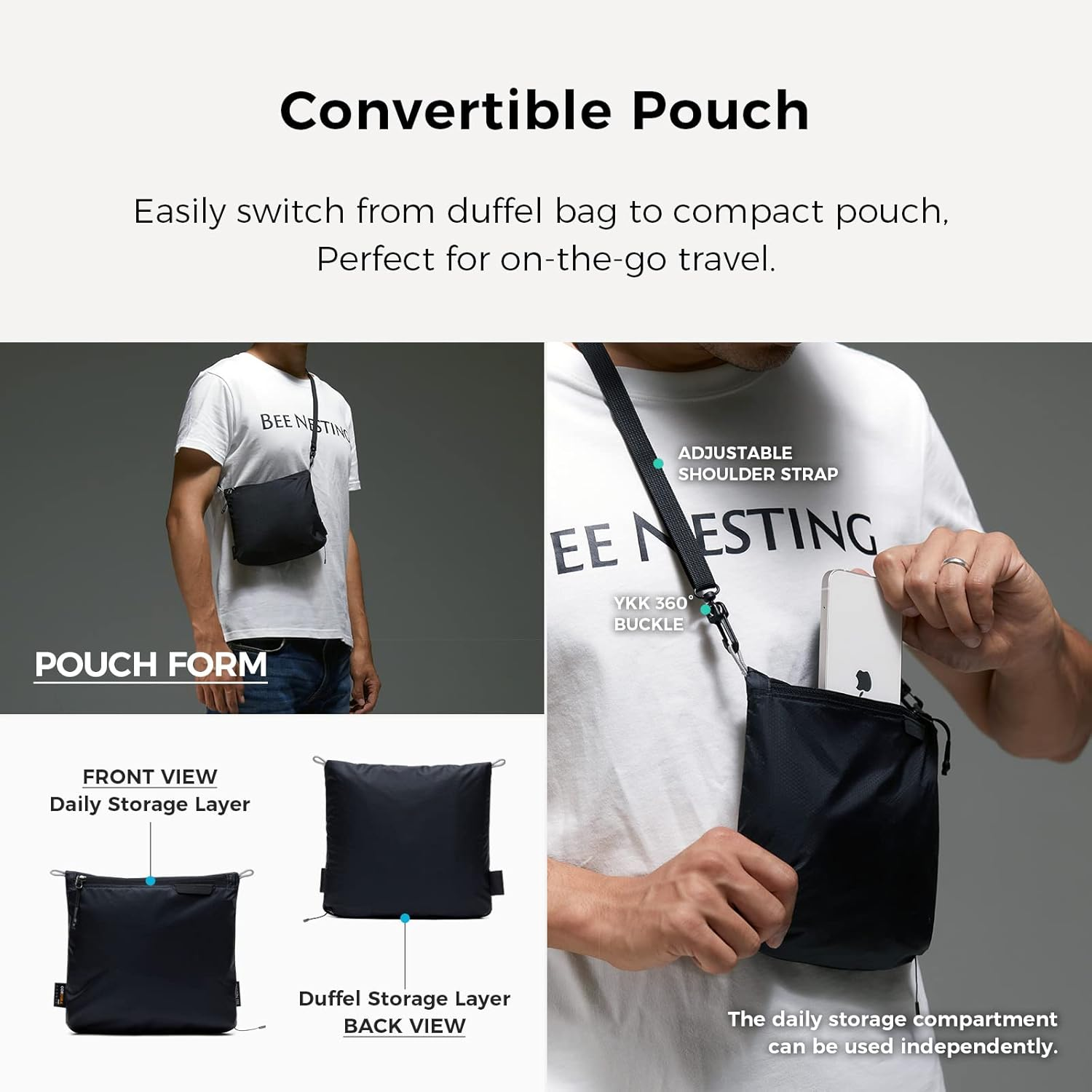 Bee Nesting Ultralight Travel Duffle Bag Foldable Travel Bag YKK Zipper 30D Cordura Waterproof Nylon Fabric Weekender Bag Overnight Bag for Travel, Gym, Sports (Black, 30L) image number 6