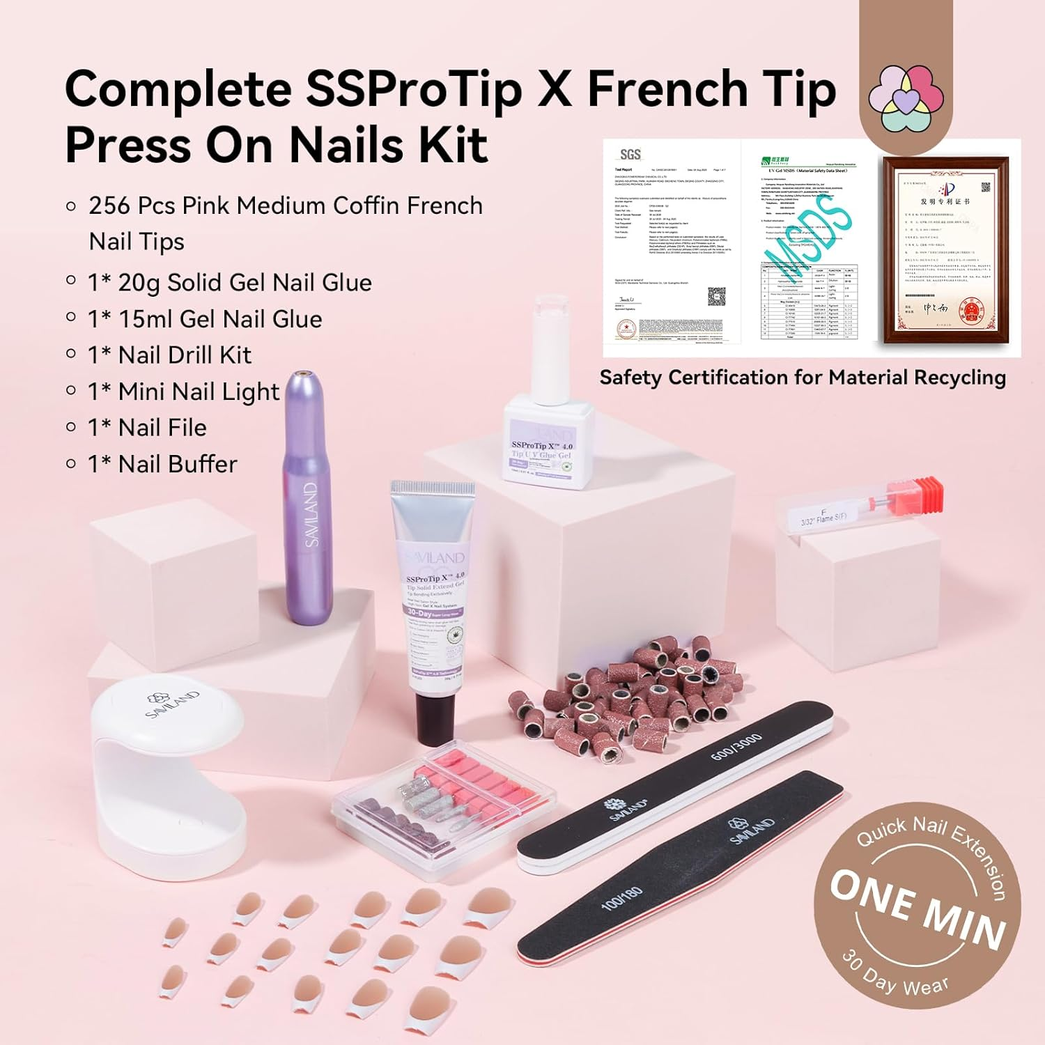 SAVILAND Gels Nail Tips: 30 Days Wear Nails Press Ons Brown Medium Coffin French Tip Press on Nails 256 Pcs Strong Nail Glue for Press Ons U V Light Electric Nail File Nail Art Tools for Beginners image number 2