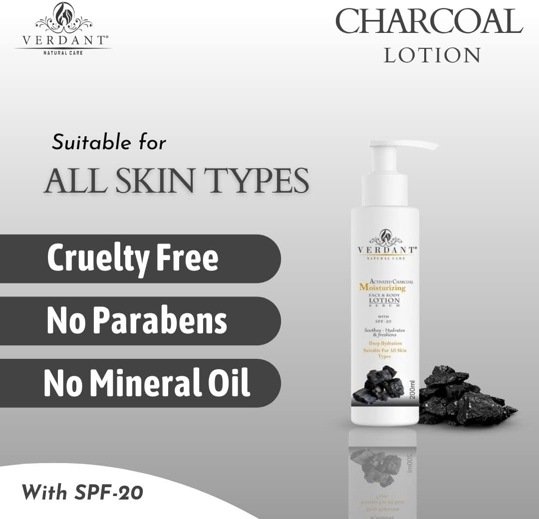 Verdant Natural Care Activated Charcoal Body Lotion | Deep Hydration & Moisturizing Face & Body Serum Lotion with SPF 20 &ndash; No Parabens, Mineral Oils &ndash; 200 Ml image number 3