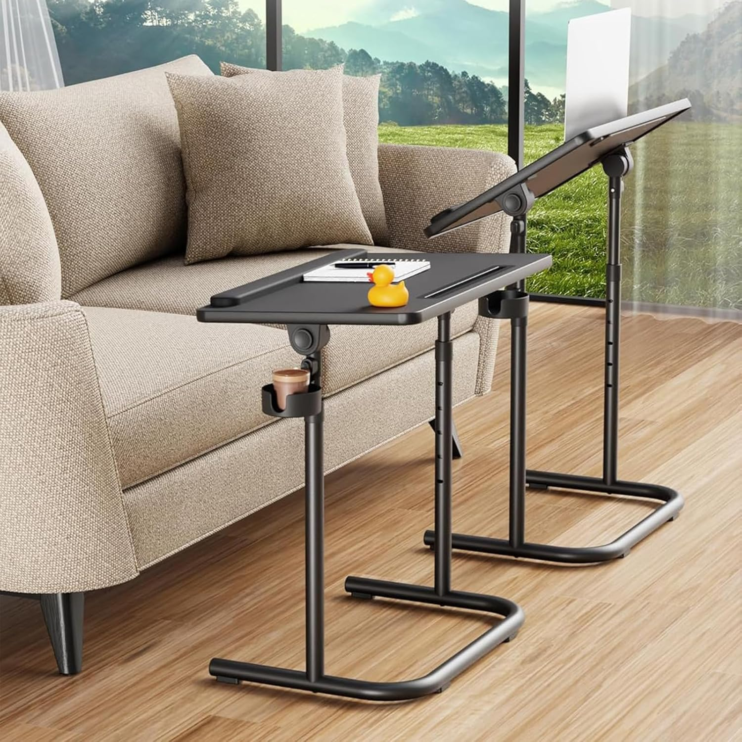 Portable Folding Snack Table with Adjustable Tray & Removable Cup Holder,Black image number 5