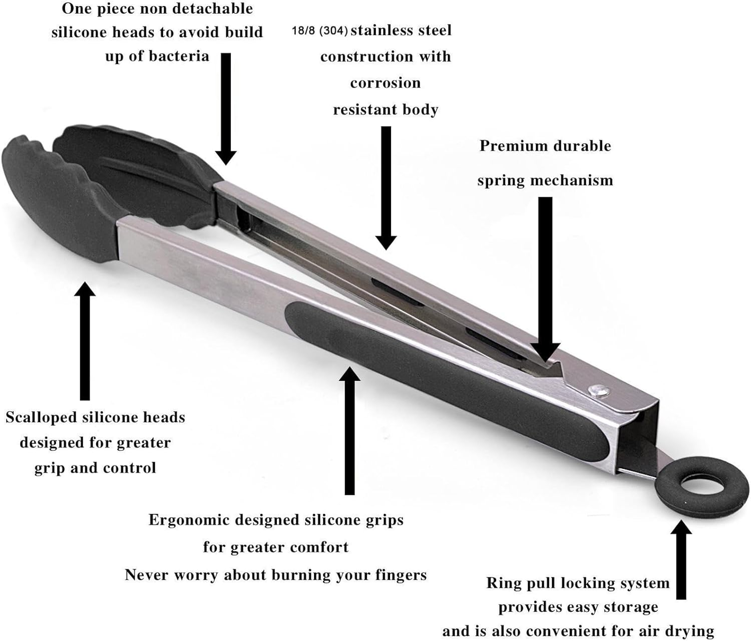 3Pcs (7", 9" & 12") Set Silicone Heat Resistant Kitchen Tongs,Premium Locking Cooking Tongs with Silicone Tips, Non-Slip Food Tongs for Cooking, Non-Stick, Stainless Steel Handle, image number 5
