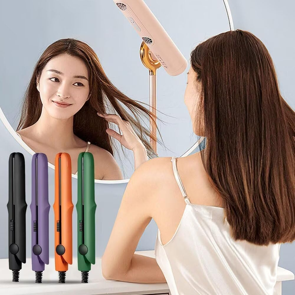 BOSENIYU 2 In1 Mini Dual Purpose Curling Wand Flat Iron, Portable Hair Straightener Travel Curling Tool for All Hair Types. (Orange) image number 1
