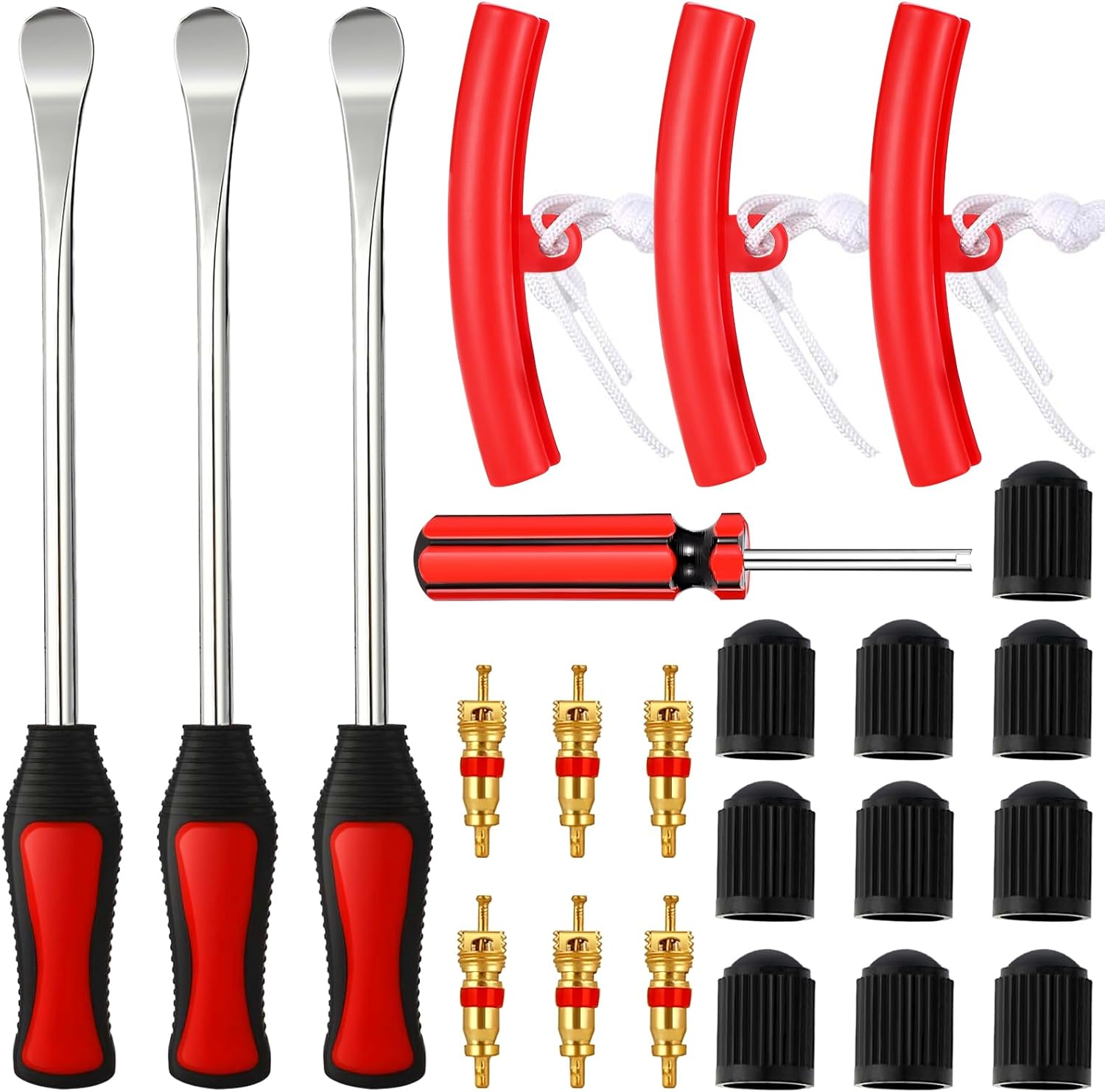 Royouzi Tyre Lever, Tyre Mounting Iron, 23 Suits, 3 X Tyre Lever Mounting Lever Tool, 3 X Wheel Rim Protectors, Tool Kit, 10 Tyre Valve Caps and Caps Tool Set for Motorcycle, Bicycle image number 1