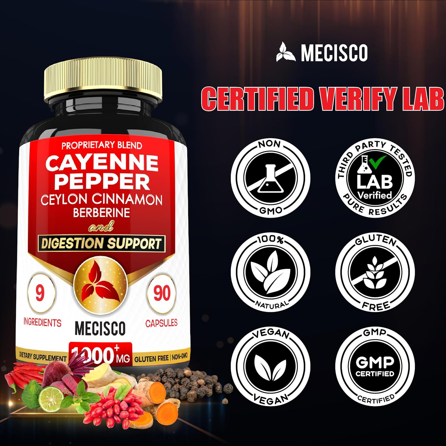 Cayenne Pepper Supplements with Turmeric Curcumin Root, Berberine Hcl, Ceylon Cinnamon Bark & More - 90 Capsules - Support Digestion Health, Immune System & Body Balance image number 3
