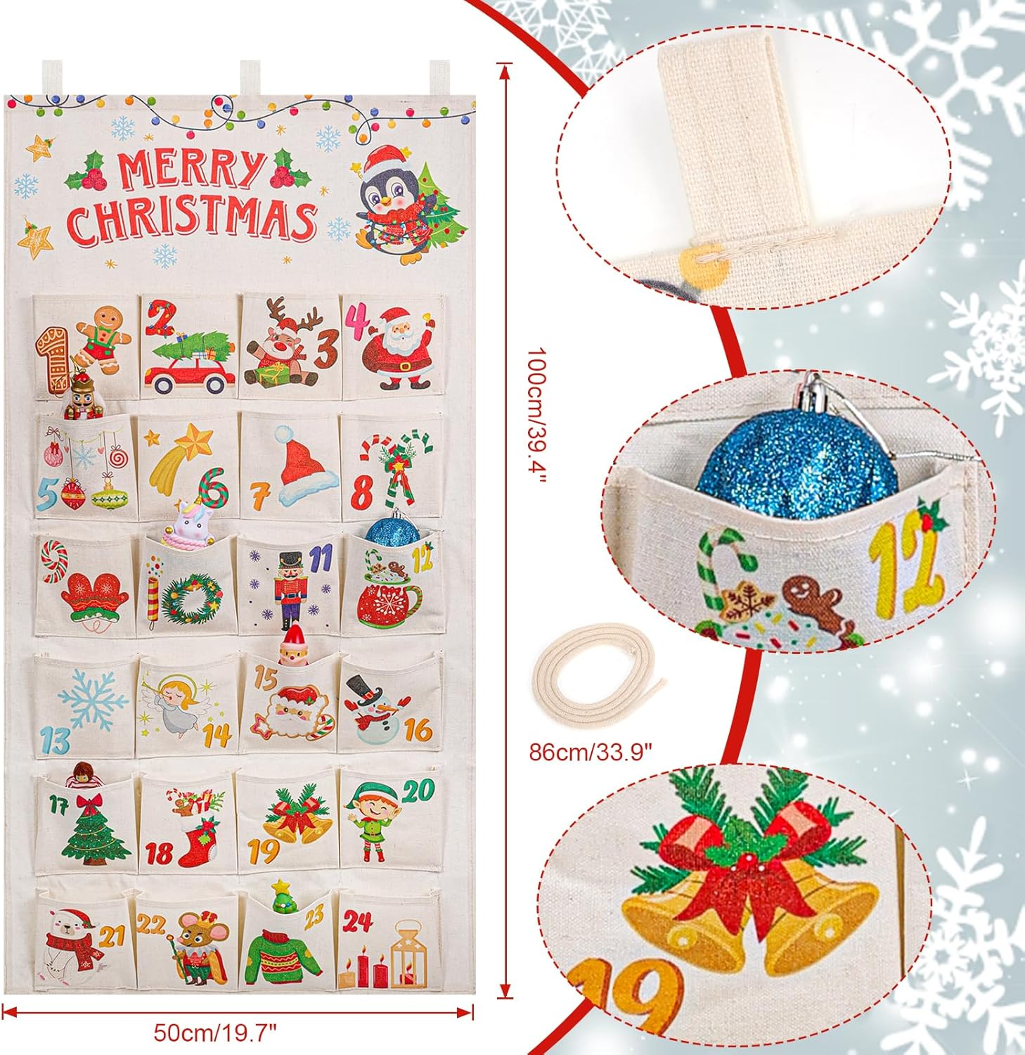 HOWAF Fabric Christmas Advent Calendar (Countdown to Christmas), 24 Days Mystery Christmas Countdown Calendar with 24 Pockets for Xmas Holiday Home Wall Decoration image number 6