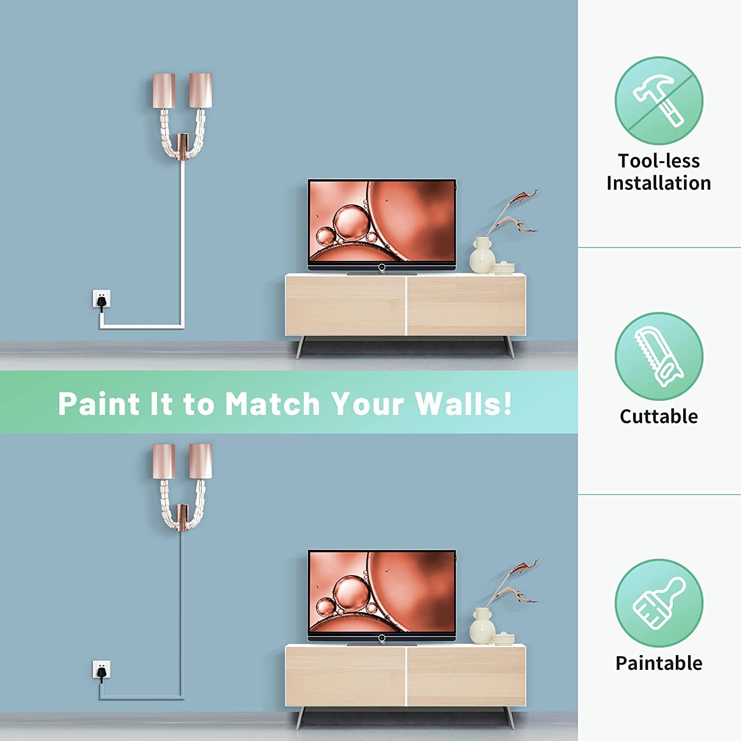 Wire Covers for 2 Cords, 68In Wire Hider on Wall Mounted, White Cord Cover Kit, Cable Cover Paintable, Cable Concealer for Extension Cord, Ethernet Cable, Speaker Wire Hider, 4X L17In W0.7In H0.4In image number 6