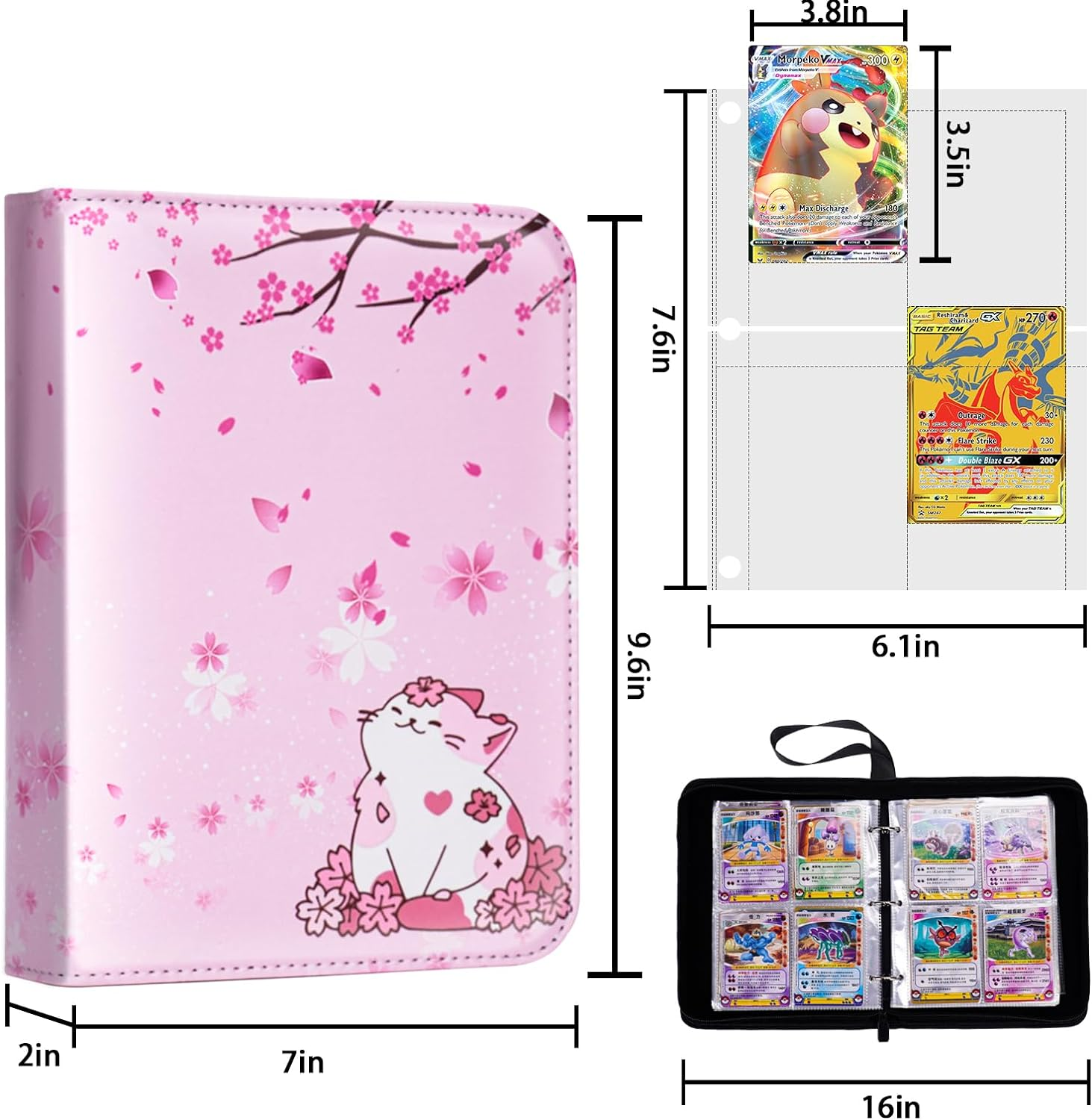 CLOKORIA Card Binder for Girls Gifts,440 Cards Collectible Trading Card Holder Case with 55 Sleeves, 4 Pocket for TCG Game Cards Collection Sports Trading Cards Collector Album (Sakura Cat) - Fish Scales image number 6