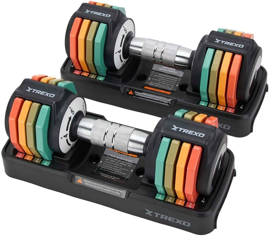 TREXO Multicolour Adjustable Dumbbell Set, 2 X 5 Kg Dumbbells Made of Steel with Non-Slip Handle, Ideal for Strength Training at Home and in the Gym, Adjustable Dumbbell with Sturdy Base image number 2