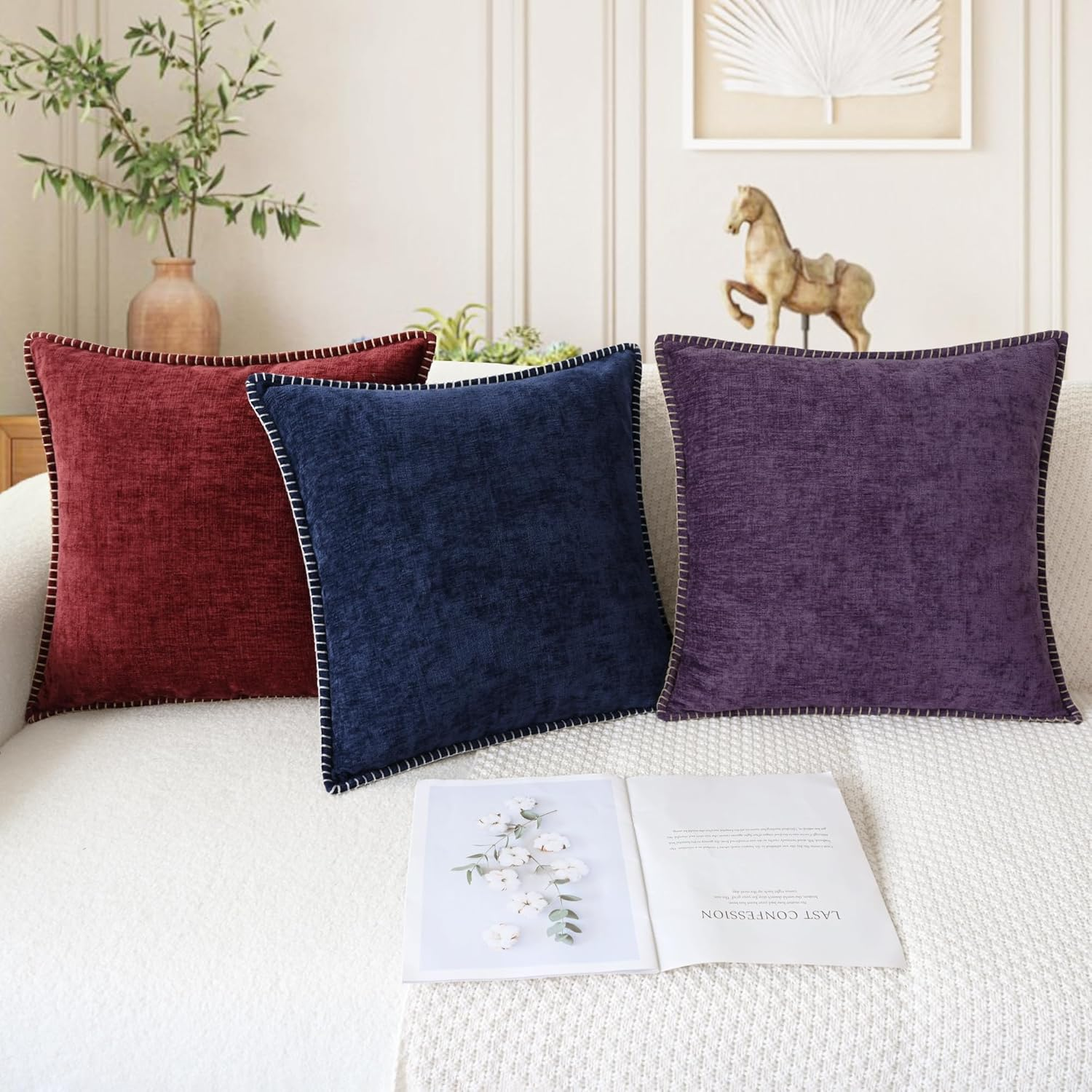 Calitime Christmas Throw Pillow Cases Pack of 2 Cotton Thread Stitching Edges Solid Dyed Soft Chenille Cushion Covers for Couch Sofa Home Farmhouse Decoration 12 X 20 Inches Burgundy image number 6