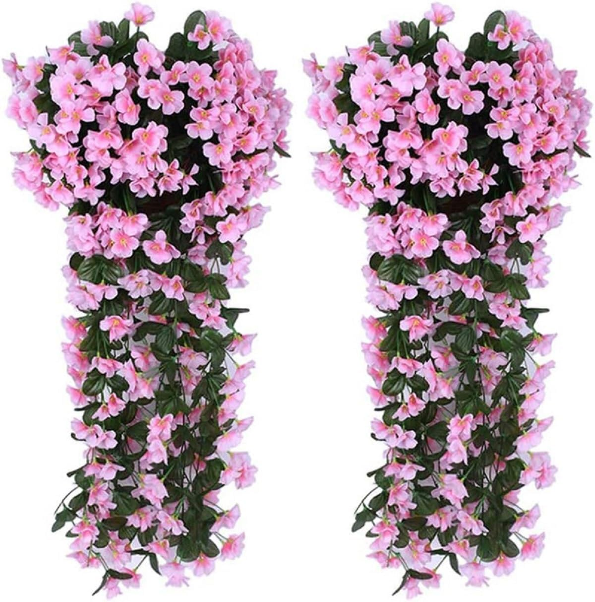 JLHOUSE AU7041-3 Fake Hanging Flower Plants Colorful Orchid Flower Bouquet 2 Pack Artificial Hanging Violets Flowers for Wall Home Room Garden Wedding Indoor Outdoor Summer Decoration (Pink)
