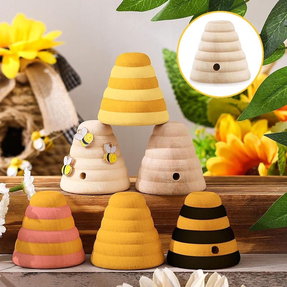 NYGHMY 10 Pcs Unfinished Wood Threaded Honeycombs, Wood Bee Hive Decor, Farmhouse Tiered Tray Decor, Mini Beehive Model Bee Garden Decorations for DIY Table Shelf Sitter Party Craft image number 2