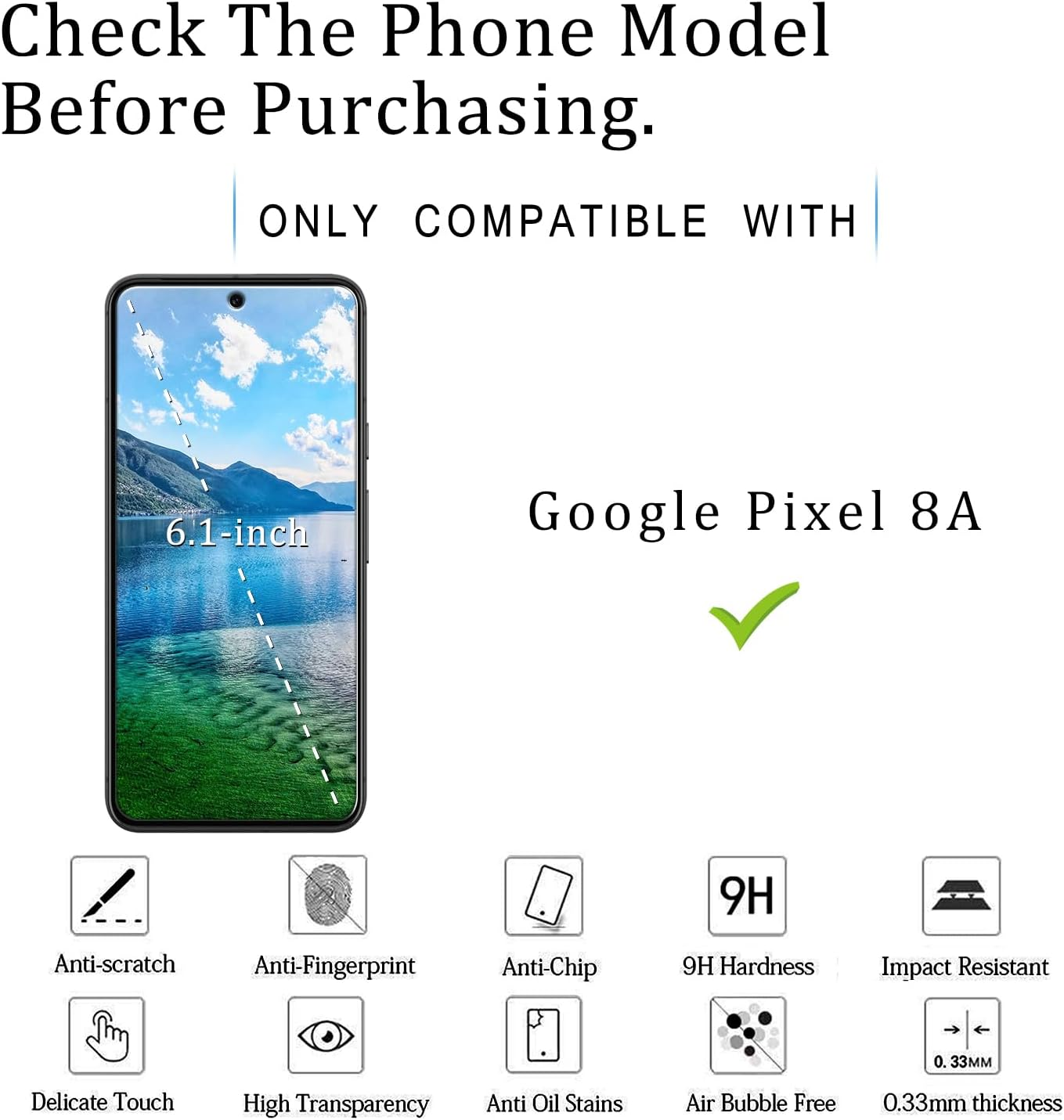 KATIN 2 Pack Tempered Glass Screen Protector for Google Pixel 8A 6.1 Inch, 9H Hardness, anti Scratch, Easy to Install image number 2