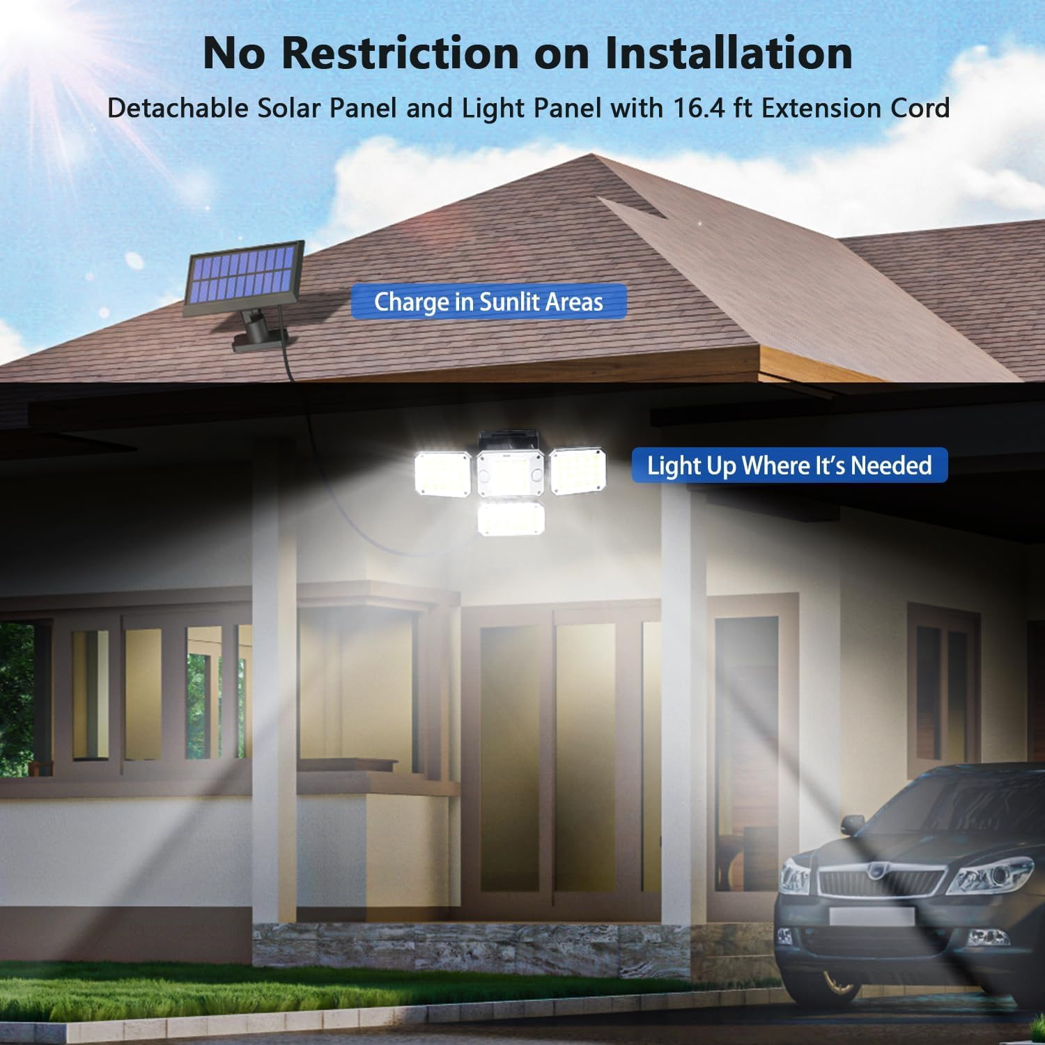 Solar Outdoor Lights with 2 Sensors, 296 Leds 300&deg; Wide Angle Solar Spot Lights with 5M Extension Cable, 4 Adjustable Head, 3 Modes IP65 Waterproof Outdoor Lights Detachable Flood Lights image number 5