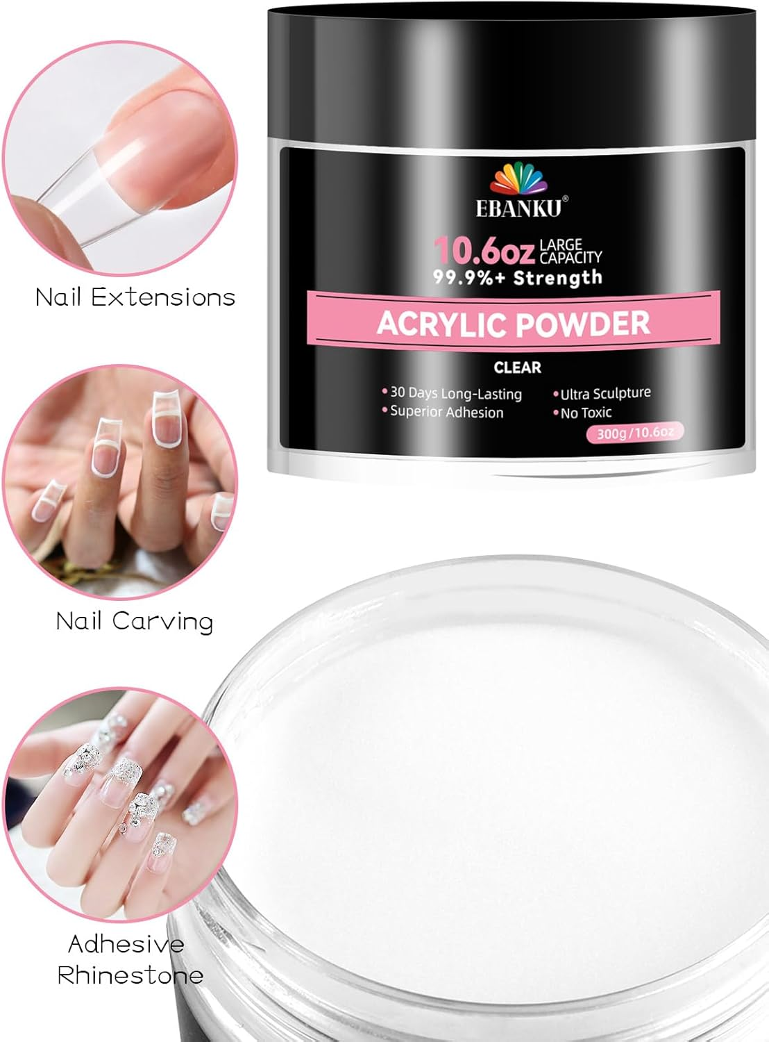 EBANKU 10.6Oz Clear Acrylic Powder, Crystal Transparent Acrylic Nail Powder for Nail Extenstion, Nail Carving, Long-Lasting, No Lamp Needed, Professional Nail Powder for French Manicure image number 5