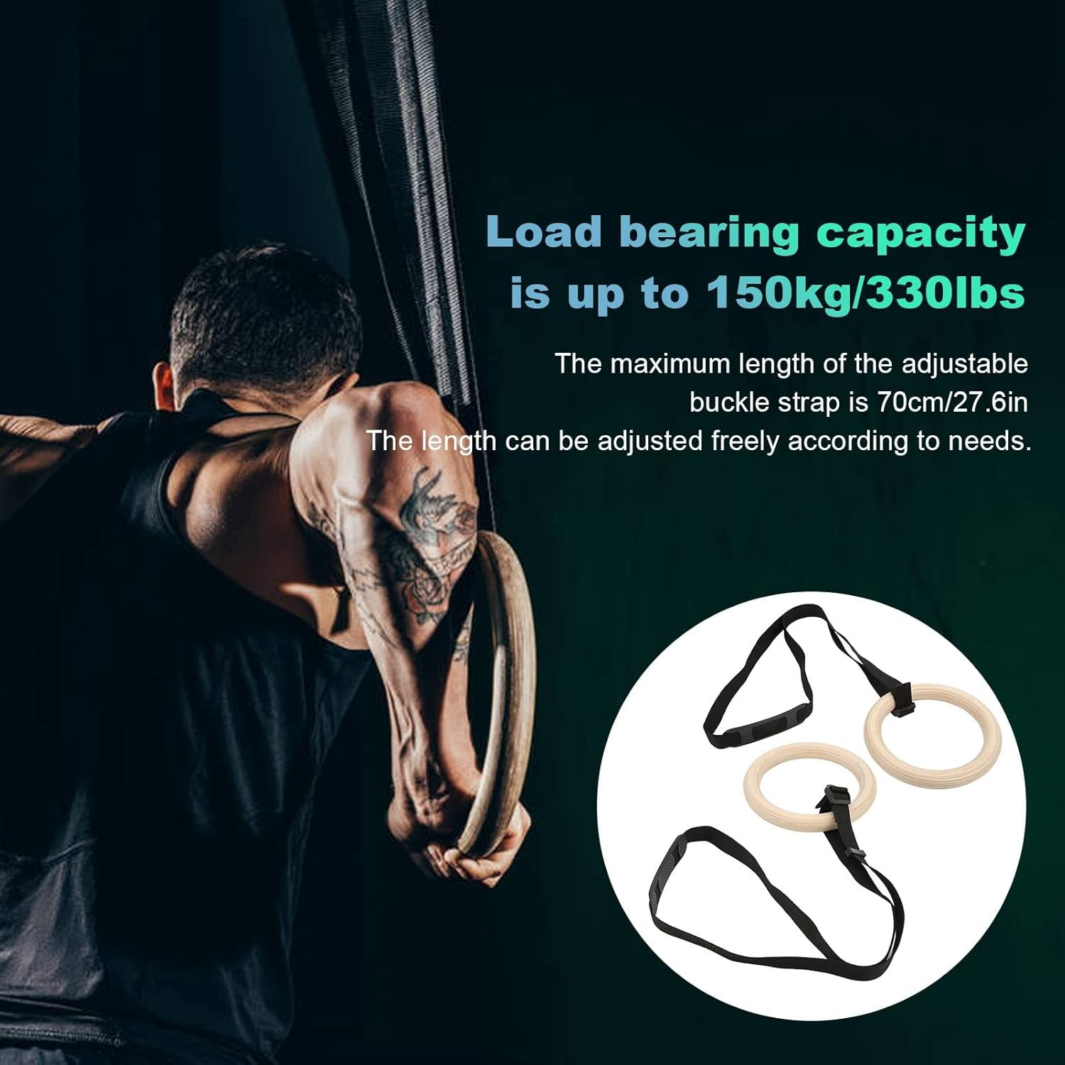 Gym Rings, Wooden 330Lbs Capacity Pull up Exercise Rings for Full Body Workout for Home image number 5