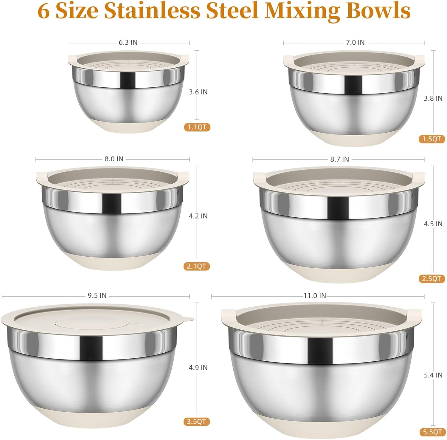 Fyrnova Mixing Bowls with Lids Set, 6 Piece Stainless Steel Nesting Storage Bowls for Kitchen, with 3 Grater Attachments & Non-Slip Bottoms, Size 5.5,3.5,2.5,2.1,1.5,1.1 QT image number 6