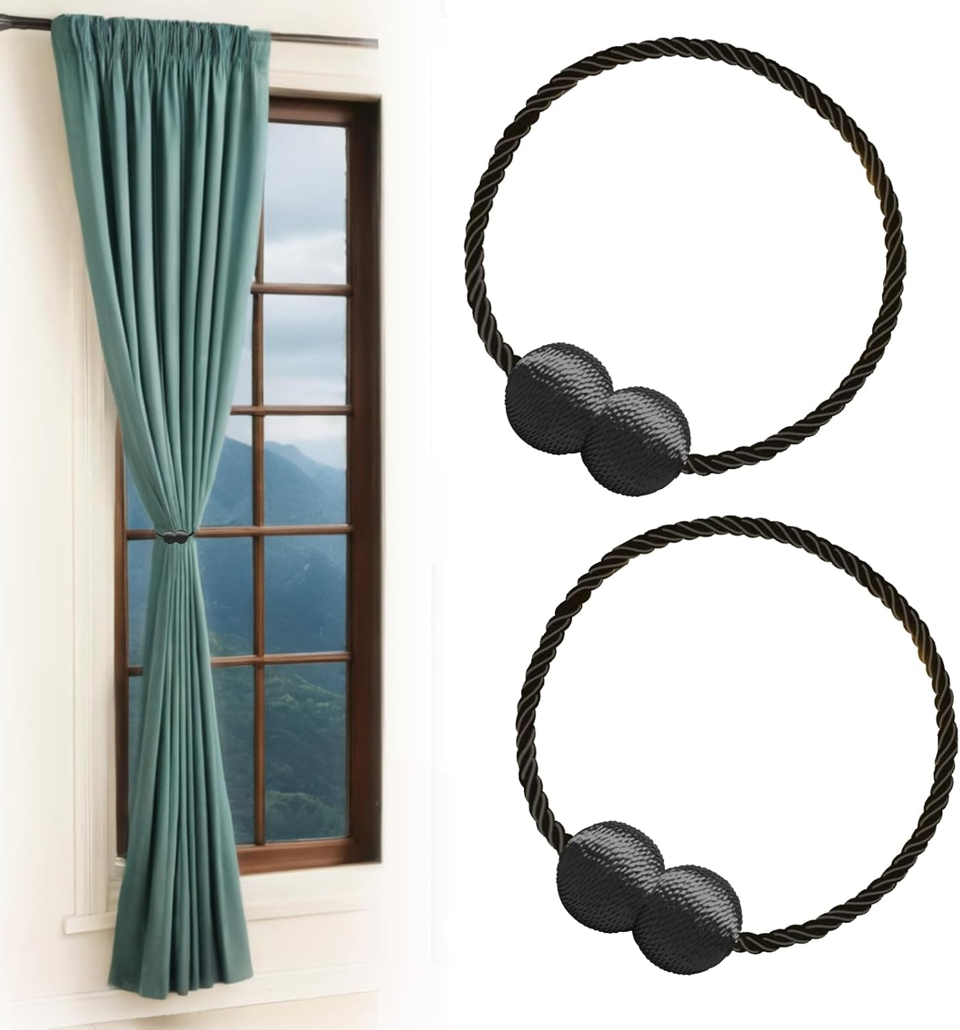 Magnetic Curtain Tiebacks Black 2Pcs - Stylish Holdbacks for Home & Office Decor - Durable Hooks for Bedroom & Outdoor Curtains - Convenient Clips for Easy Use