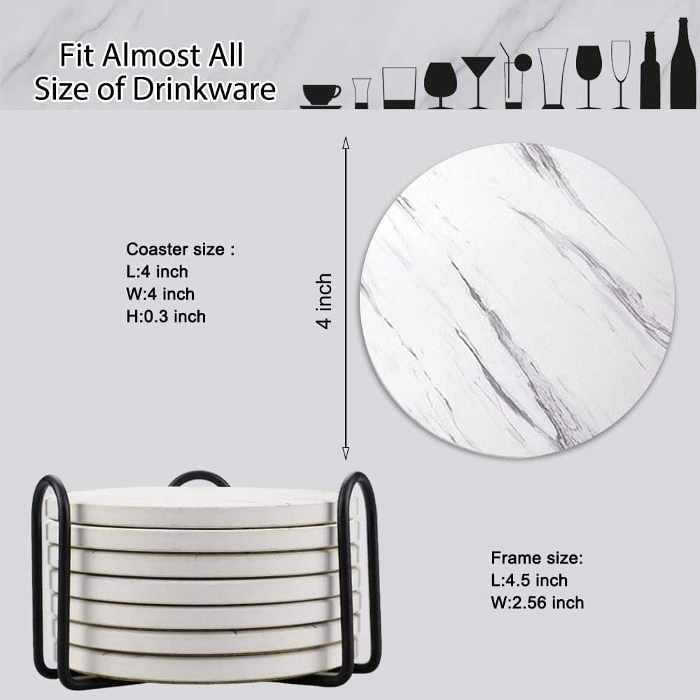 CULOTOL Set of 8 Coasters for Drinks,Absorbent Marble Style Ceramic Drink Coaster with Holder for Coffee Wooden Table White Home Decor,Coasters for Dining Table image number 2
