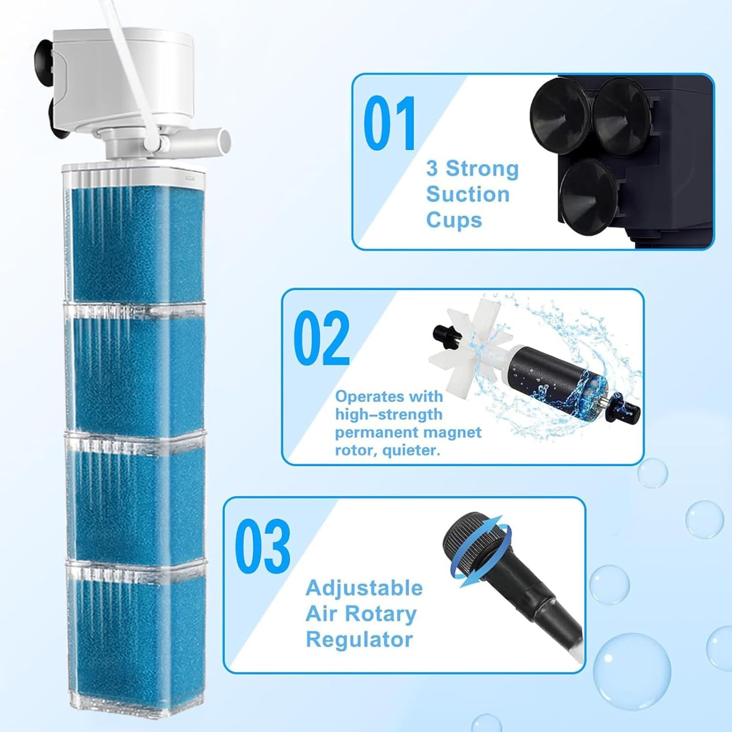 XIULIUU 35W Submersible Aquarium Filter for 30-800 L, 3-In-1 Biochemical Sponge Filter for Aquarium Filtration/Oxygenation/Circulation, up to 2500L/H Adjustable Internal Fish Tank Filter (Blue) image number 2