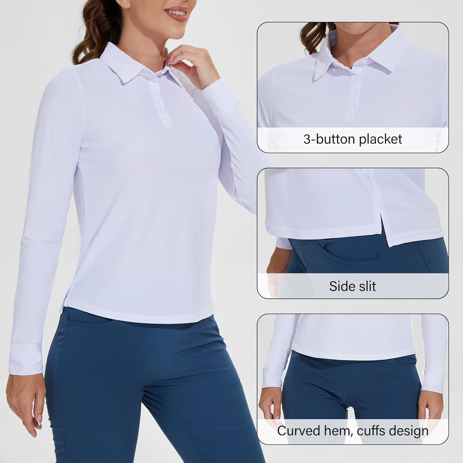 M MOTEEPI Womens Golf Shirt Long Sleeve UPF 50+ Quick Dry Athletic Polo Tennis Tops Sun Protection with 3-Button image number 4
