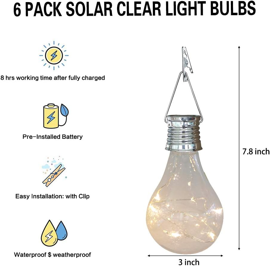Pearlstar Solar Light Bulbs Outdoor Waterproof Garden Camping Hanging LED Light Lamp Bulb Globe Hanging Lights for Home Yard Christmas Party Holiday Decorations (6 Pack-Clear Bulbs) image number 3