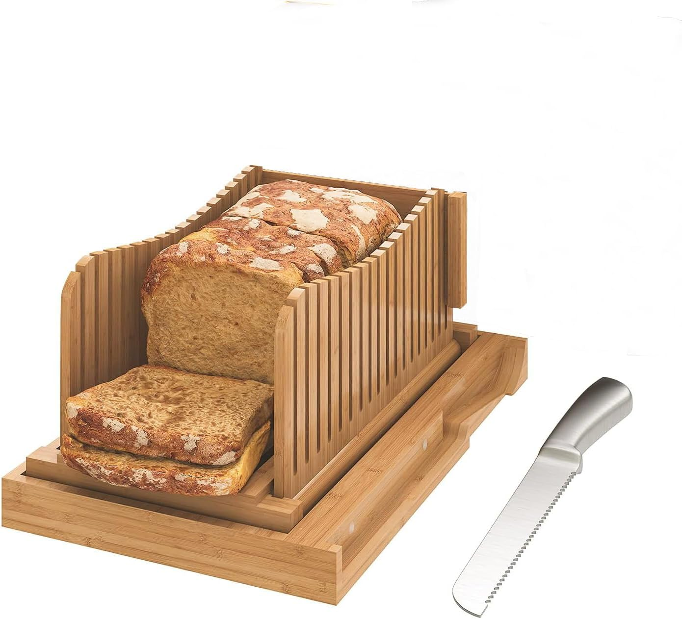 Dxzephious Bread Slicer for Homemade Bread,Cakes, Bagels- Bamboo Bread Slicer with Serrated Knife, Adjustable Guide for 3 Thickness Sizes, Foldable Chopping Board with Crumb Tray& Knife