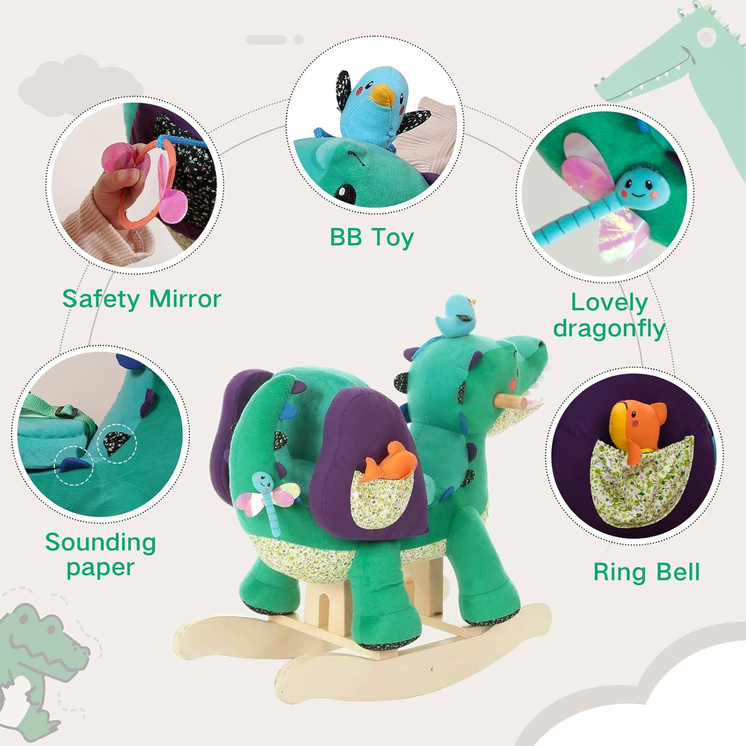 Labebe Child Rocking Horse Toy, Stuffed Animal Rocker, Green Crocodile Plush Rocker Toy for Kid 1-3 Years, Wooden Rocking Horse Chair/Child Rocking Toy/Outdoor Rocking Horse/Rocker/Animal Ride On image number 3