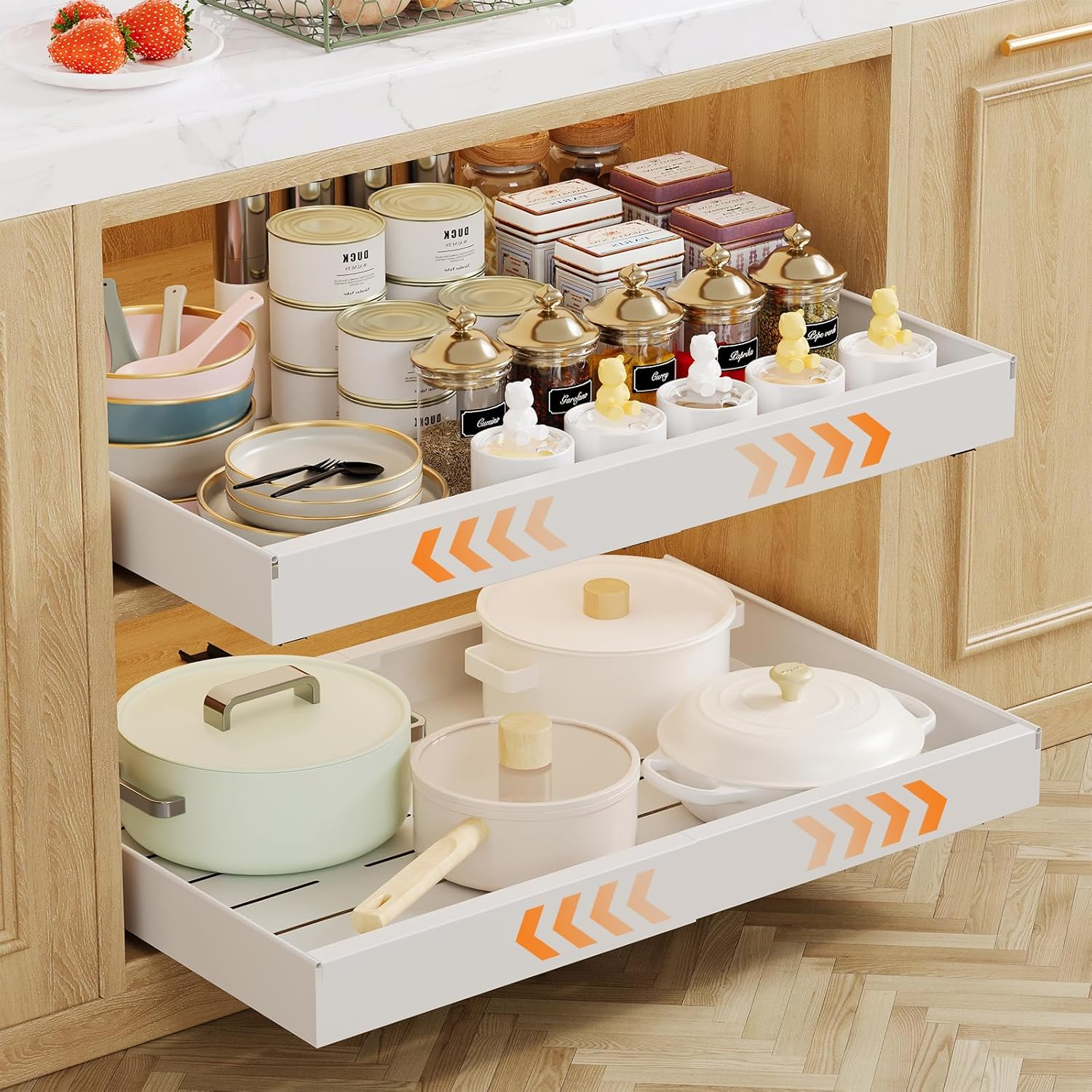 Casgee Pack of 4 Telescopic Drawers, Extendable Kitchen Drawer, Width 32-52 Cm, Extendable Cupboard Organiser with Rail System, Stick Slide Out Pull-Out Kitchen Cabinet for Kitchen Organisation, White image number 5