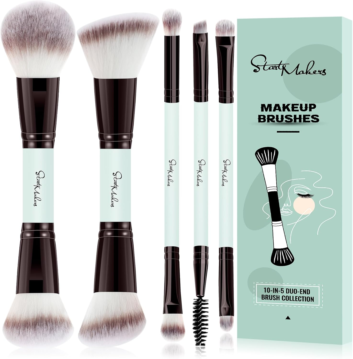 Start Makers 5PCS Makeup Brush Set Double-End Makeup Brushes for Foundation Contour Blush Highlight Blending Eyebrow Brush Eyeshadow Eyeliner Make up Brushes Set Bright Cyan image number 1