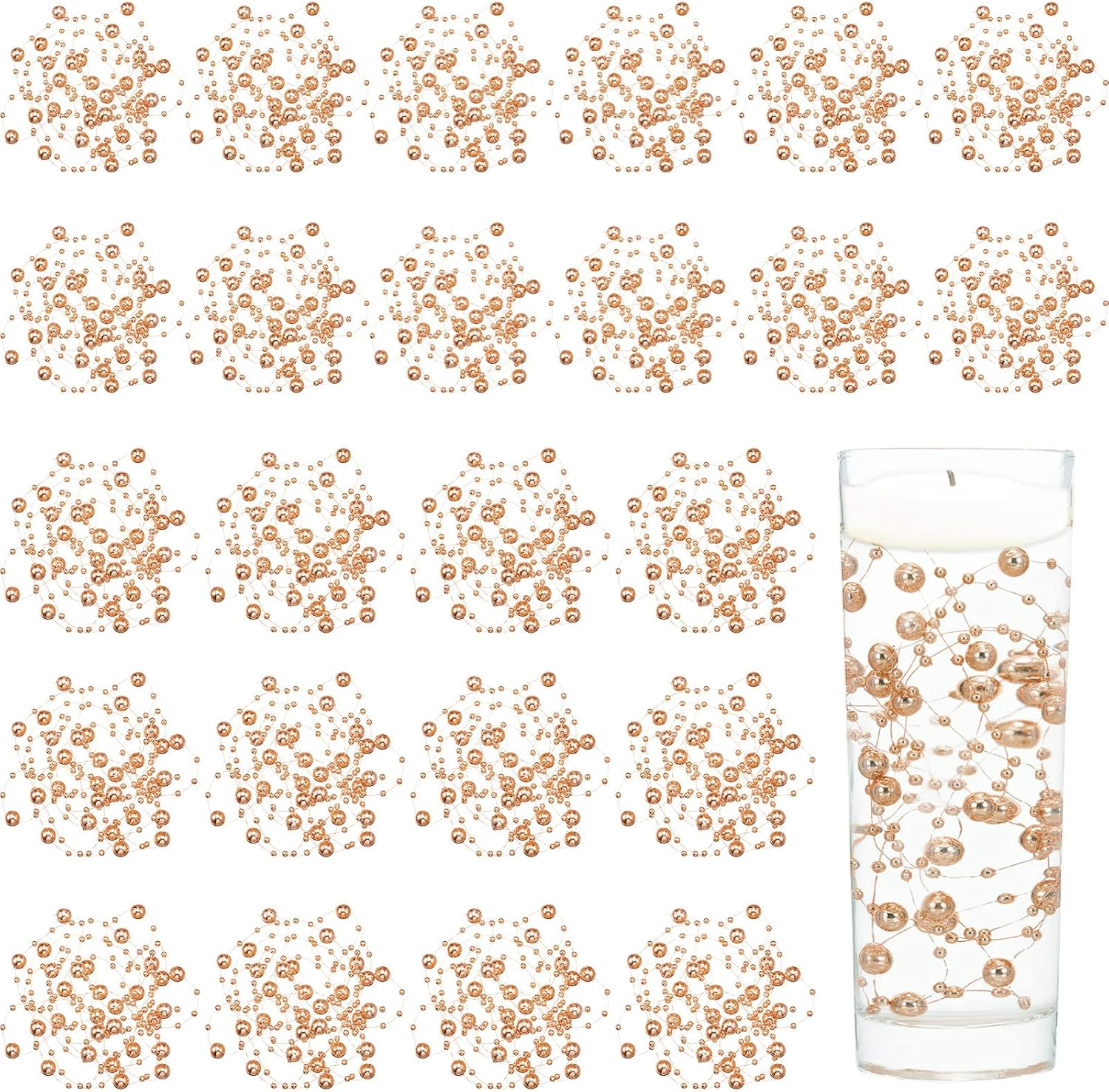 Tondiamo 24 Pcs Artificial Pearl String for Floating Candle Faux Pearls Beads String Party Garland Decoration for Vases Filler Wedding Centerpiece Christmas Party Decor(Rose Gold)