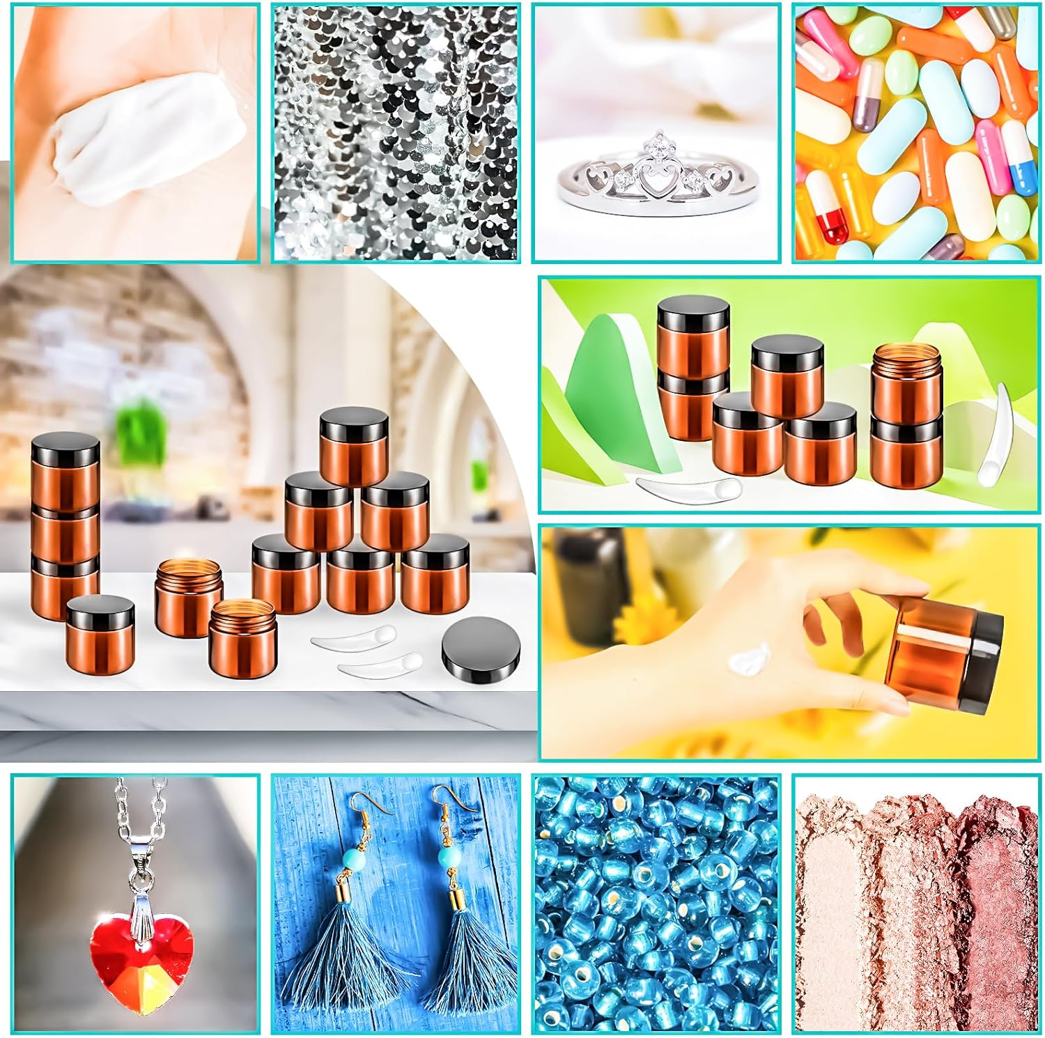 Motbach 16 Pack 2Oz Amber Plastic Jars, 60Ml Empty Small round Cosmetic Jars Refillable Makeup Containers Leakproof Travel Cosmetic Containers with Black Lids for Sample Cream Lotion Powder Ointment image number 4