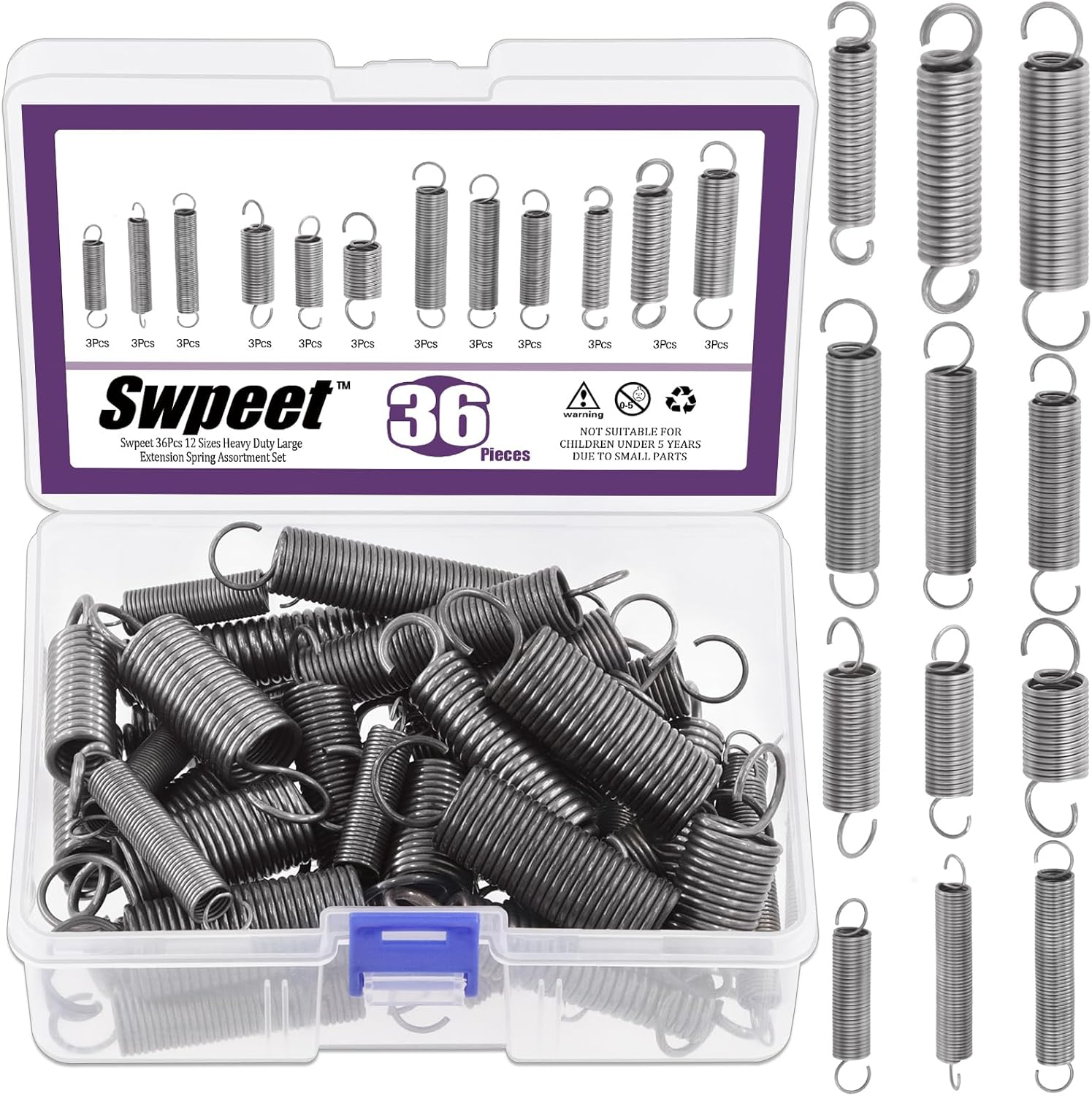 Swpeet 36Pcs 12 Different Sizes Carbon Steel Extension Spring Assortment Kit, Extended Tension Spring Wire Dia 0.039" 0.059" 0.078" 0.1", OD 0.39" 0.59" 0.78", Length 1.18" 1.57" 1.96" 2.36" image number 2