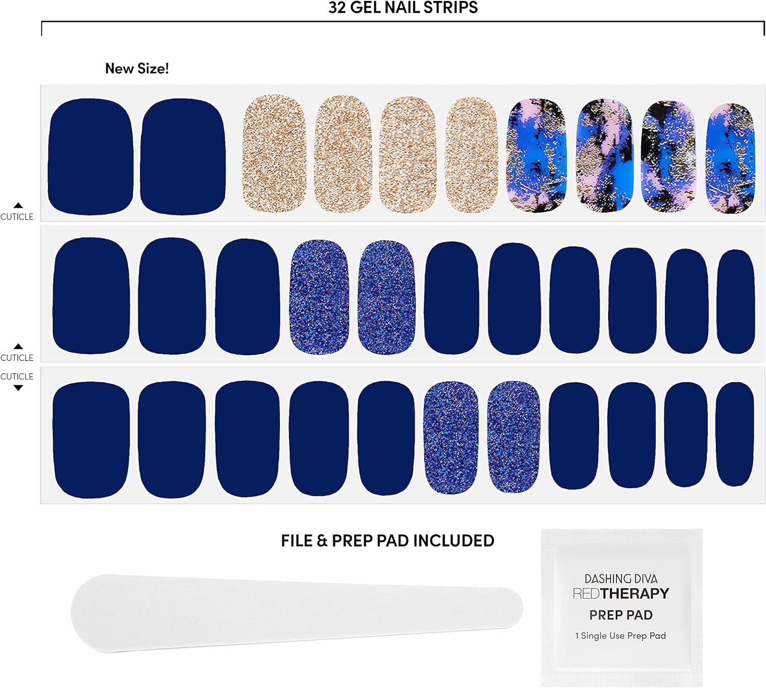 Dashing Diva Gloss Nail Strips - Blue Vixon | UV Free, Chip Resistant, Long Lasting Gel Nail Stickers | Contains 32 Nail Wraps, 1 Prep Pad, 1 Nail File