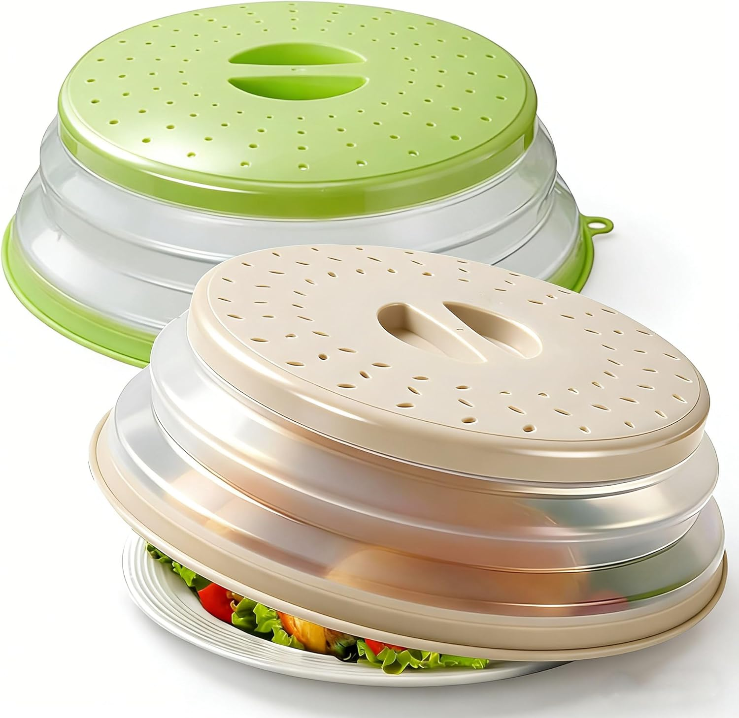 Pack of 2, Collapsible Microwave Food Cover BPA Free TPR, 10.5Inch, round with Grip Handle Green+Beige image number 1