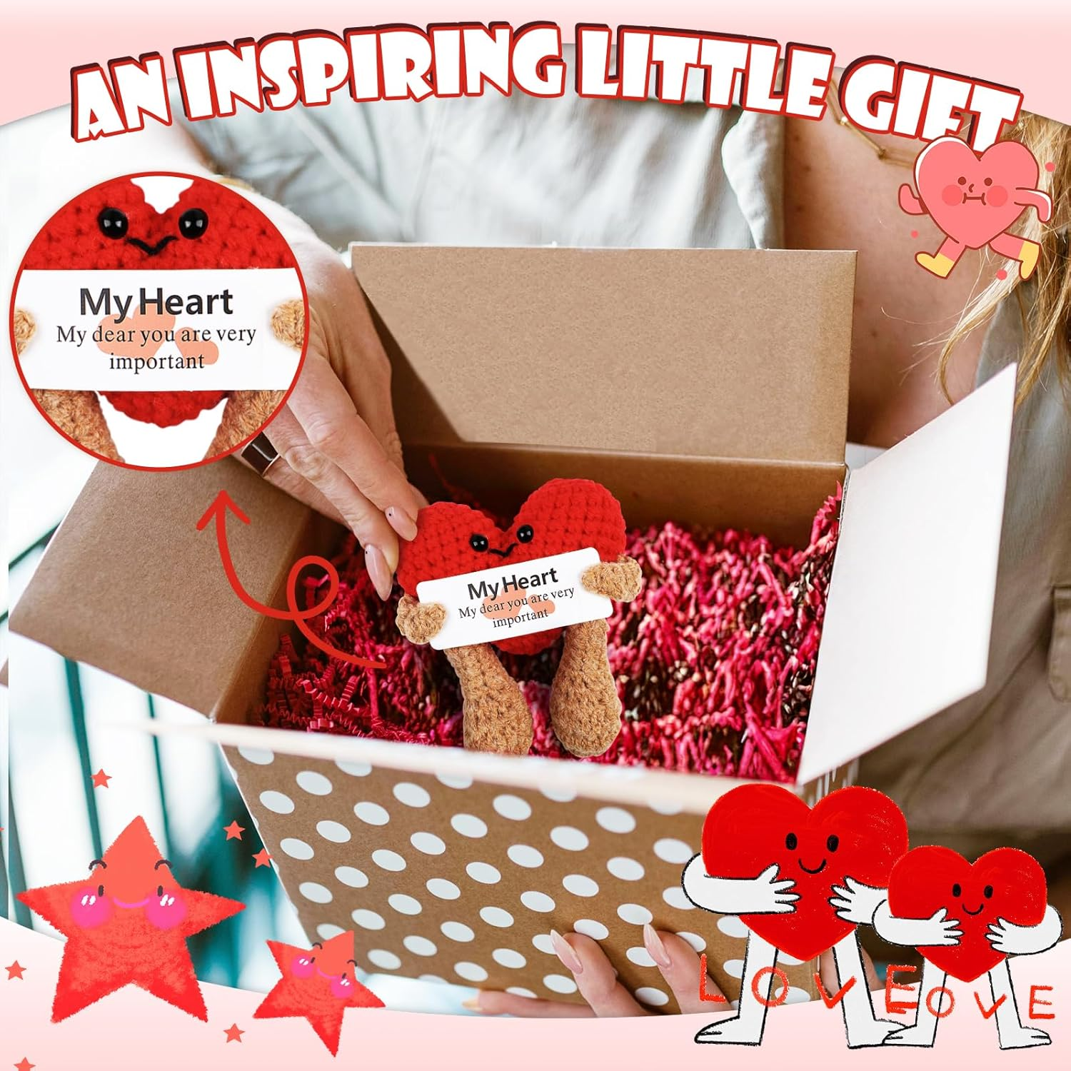 Positive Heart,Geeric Mini Funny Positive Doll+Base Knitted Ornaments Doll Handmade Decoration Positive Card Inspirational Potato Gifts Creative for Christmas New Year Souvenirs Party Decor image number 2