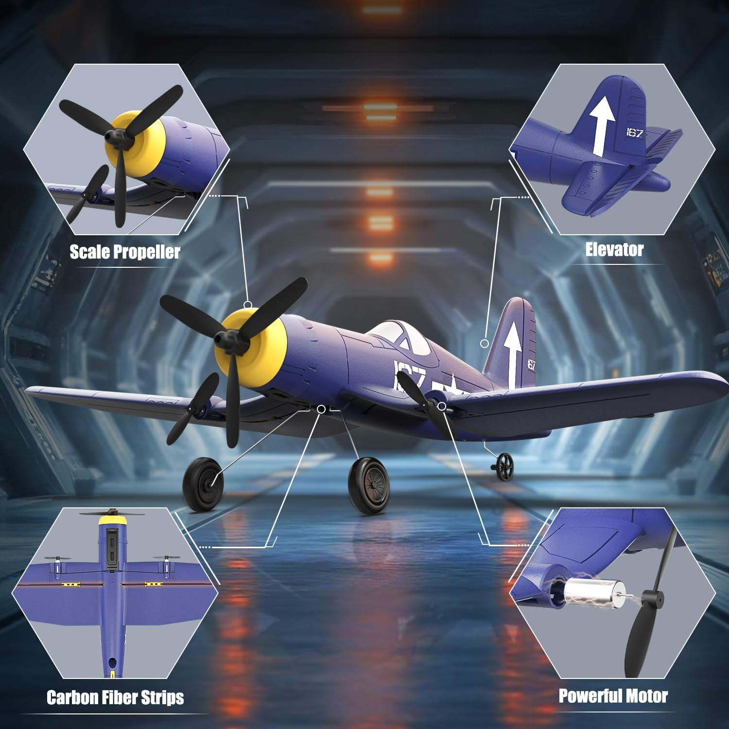 HAWK'S WORK 3 Channel RC Plane F4U Corsair, Remote Control Warbird Ready to Fly, 2.4Ghz 6-Axis Gyro Stabilizer, Easy to Fly for Kids & Beginners image number 3