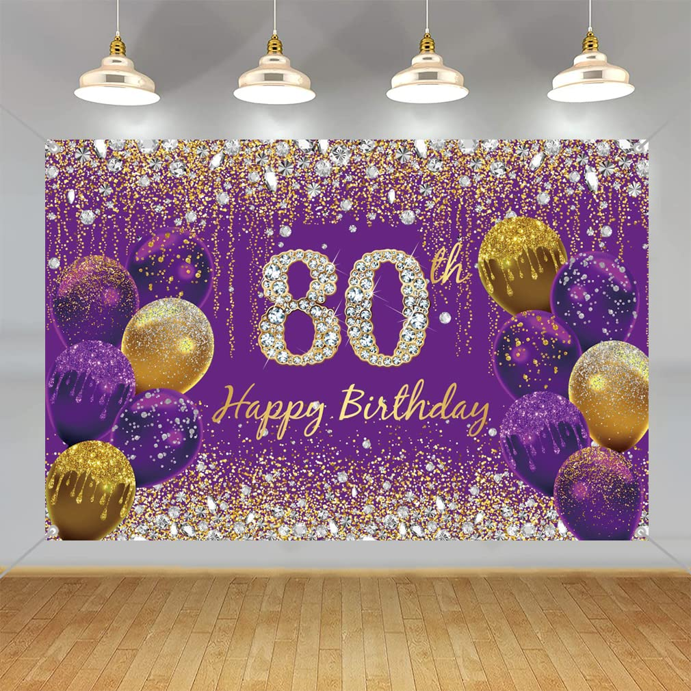 80Th Birthday Decoration for Women, Glitter Purple Fabric Sign Poster 80Th Birthday Party Decoration Background Banner Woman, 59"X35.4" image number 4